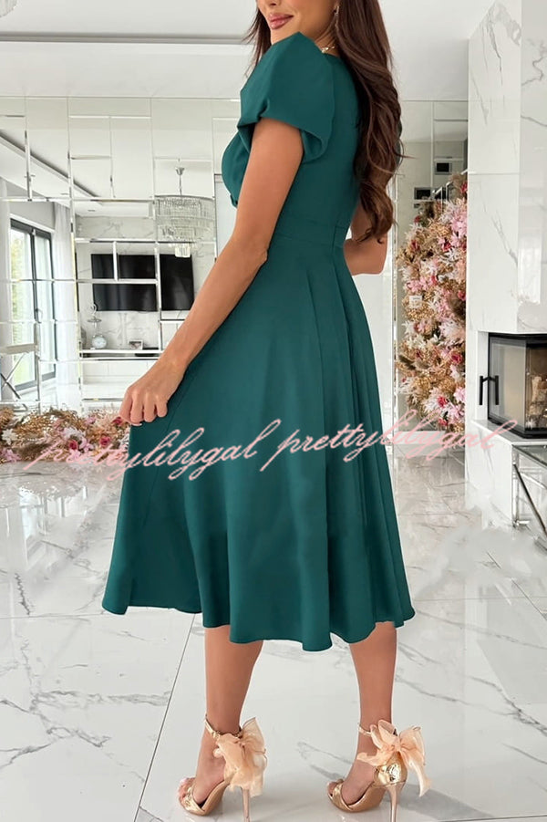 Zayla Women's Solid Color Puff Sleeve V-Neck Waist Slim Fit Midi Dress - Elegant Party, Wedding Guest & Office Wear