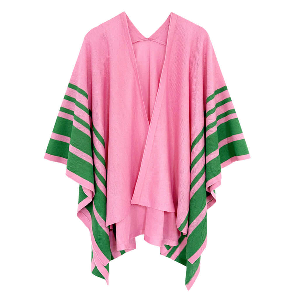Pink & Green Border Ruana Poncho Shawl Wrap for Women - Medium Size, Boho Chic Outerwear - Perfect for Fall, Winter, Beach Cover-Up & Casual Outings