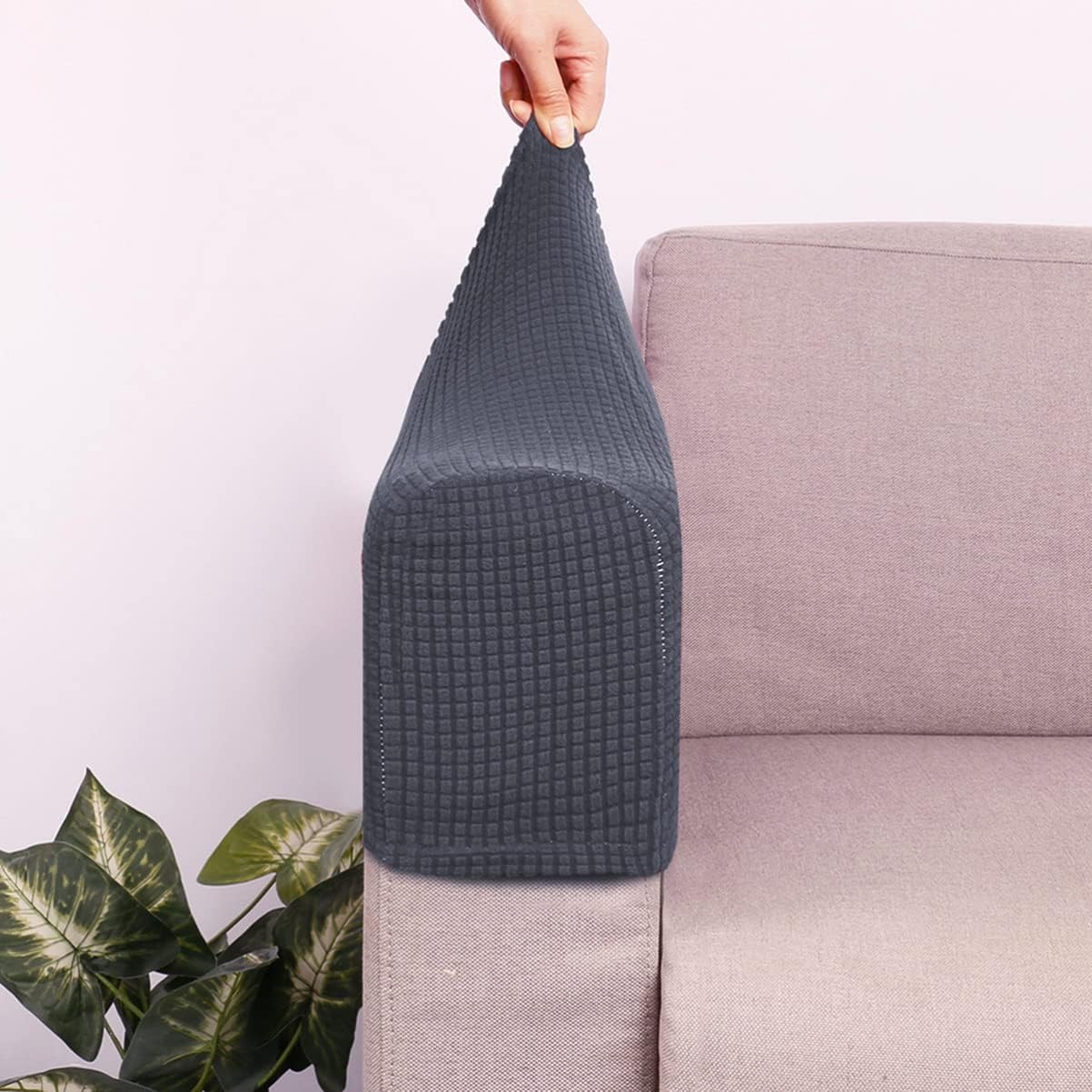 RCFINE 2-Pack Anti-Slip Stretch Sofa Arm Covers - Elastic Armchair Slipcover Protector for Home, Office, Recliner, Loveseat (Dark Grey) | Perfect for Pets, Kids & Spill Protection
