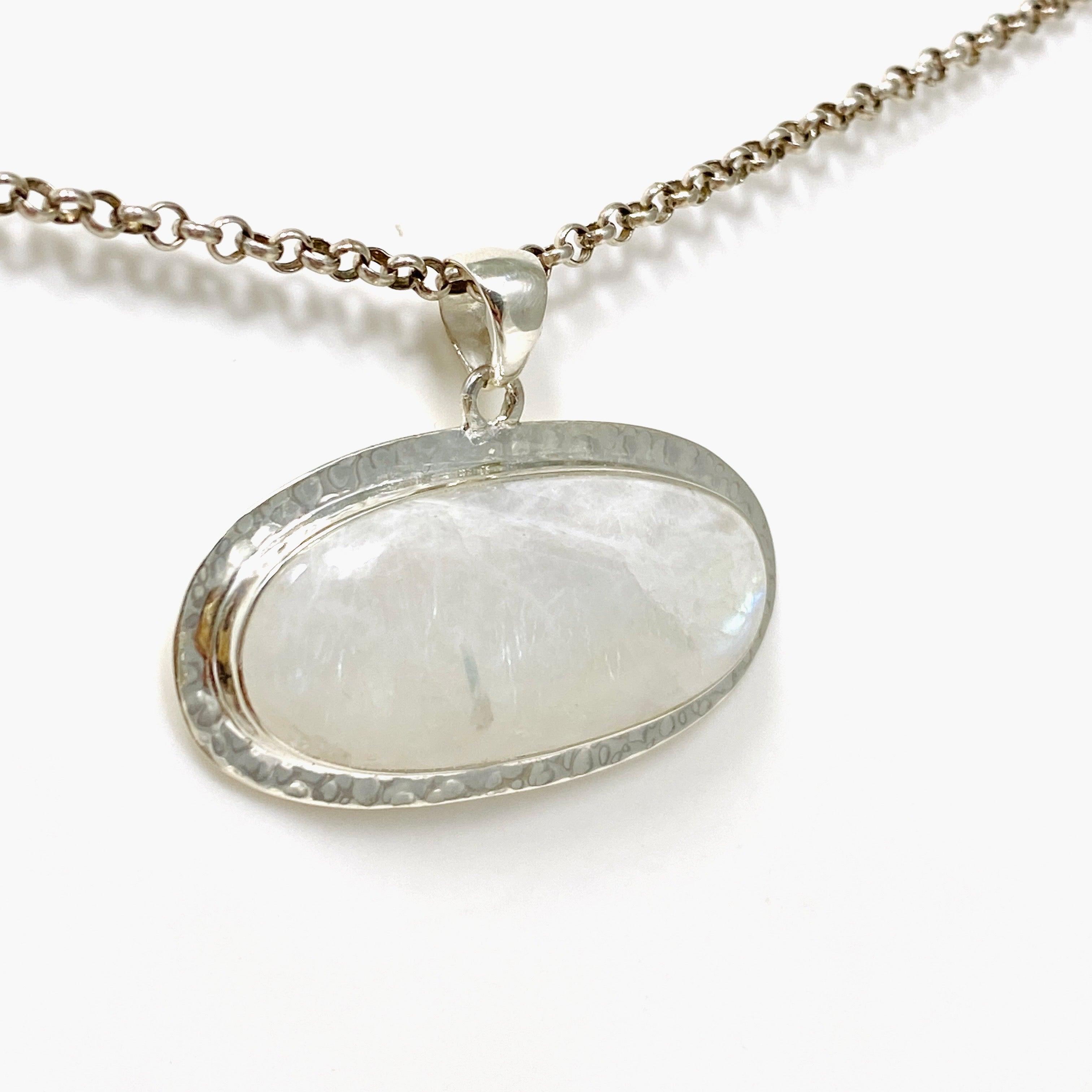 Moonstone Oval Pendant Necklace with Hammered Sterling Silver Setting KPGJ4242 - Elegant Boho Jewelry for Women, Perfect for Weddings & Special Occasions