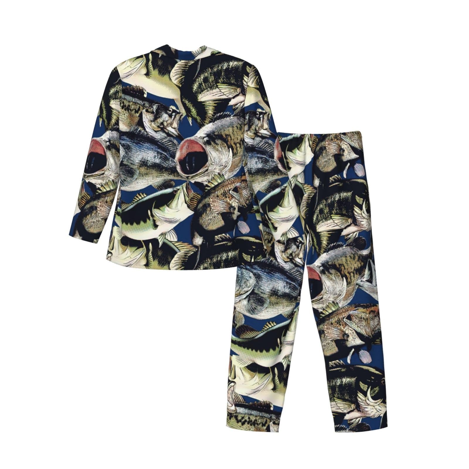 Men's Fish Print Pajama Set - Long Sleeve Button Down Sleepwear with Pockets | Comfortable Lounge Wear for Home, Travel & Relaxation