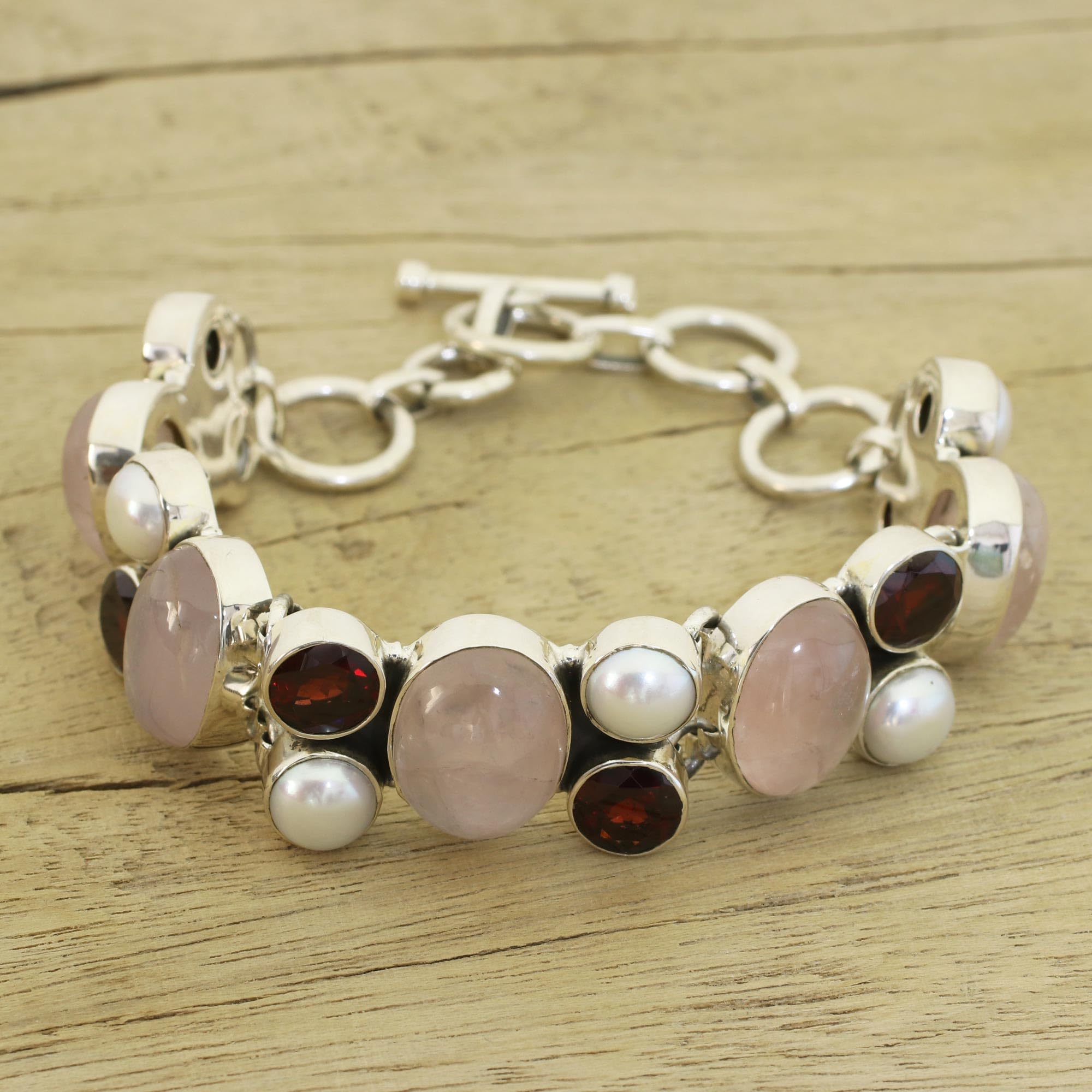 NOVICA Handmade Pearl & Rose Quartz Charm Bracelet with Garnet - Sterling Silver Birthstone Jewelry for Women [7-8.25