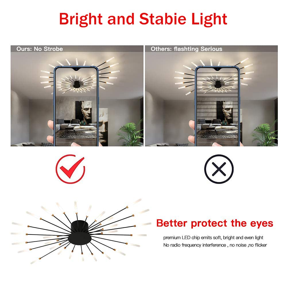 Modern Flower Shape Ceiling Light Fixture - 28-LED Sputnik Firework Petal Chandelier for Dining Room, Kitchen, Hallway | Flush Mount Metal & Acrylic Design (Matte Black) | Perfect for Modern Home Decor, Restaurant Lighting and Commercial Spaces