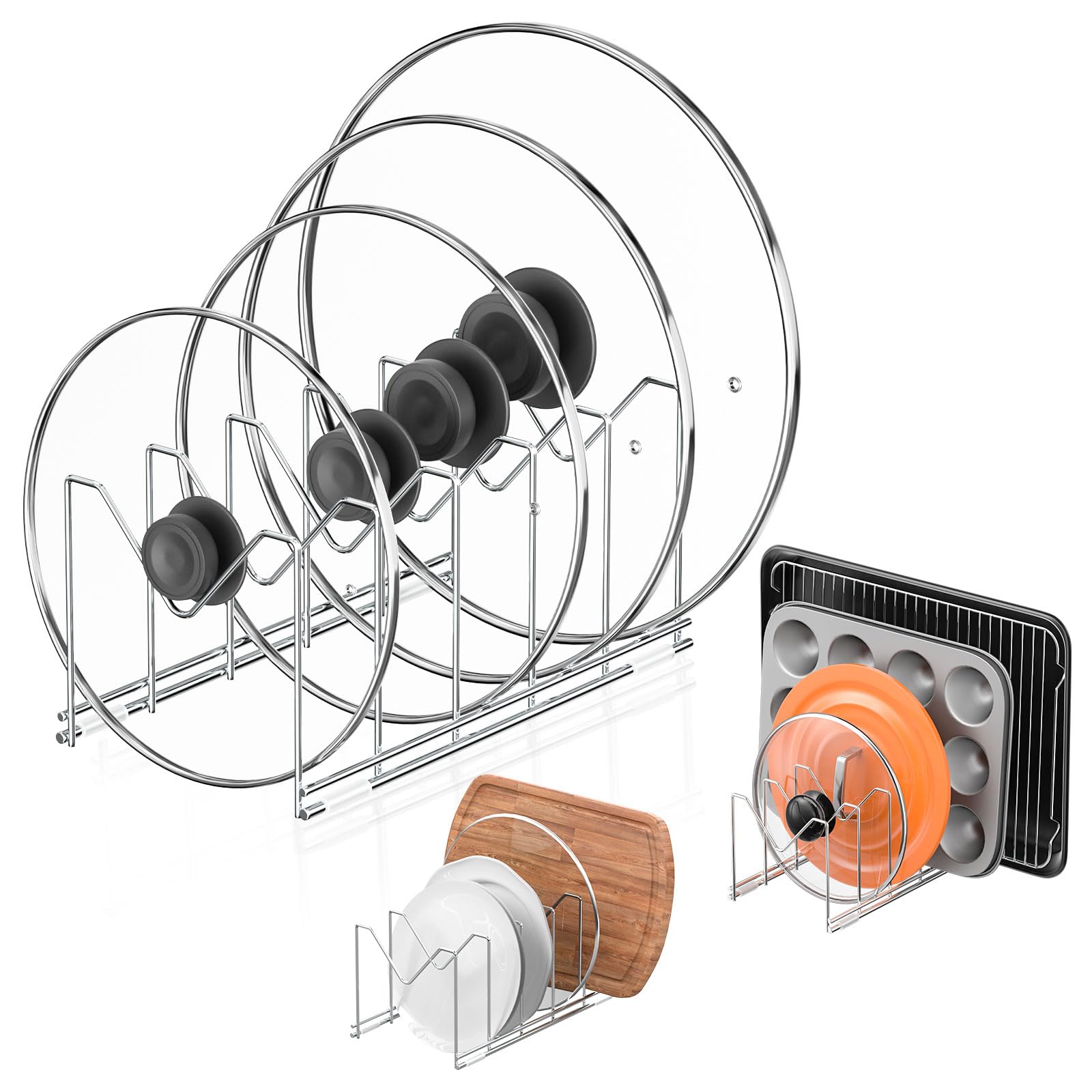3 Pack Stainless Steel Pot Lid Organizer for Cabinet - Space Saving Lid Rack with Anti-Slip Pads - Holds Pans, Bakeware, Plates, Cookie Sheets & Cutting Boards - Perfect for Kitchen Organization & Storage Solutions