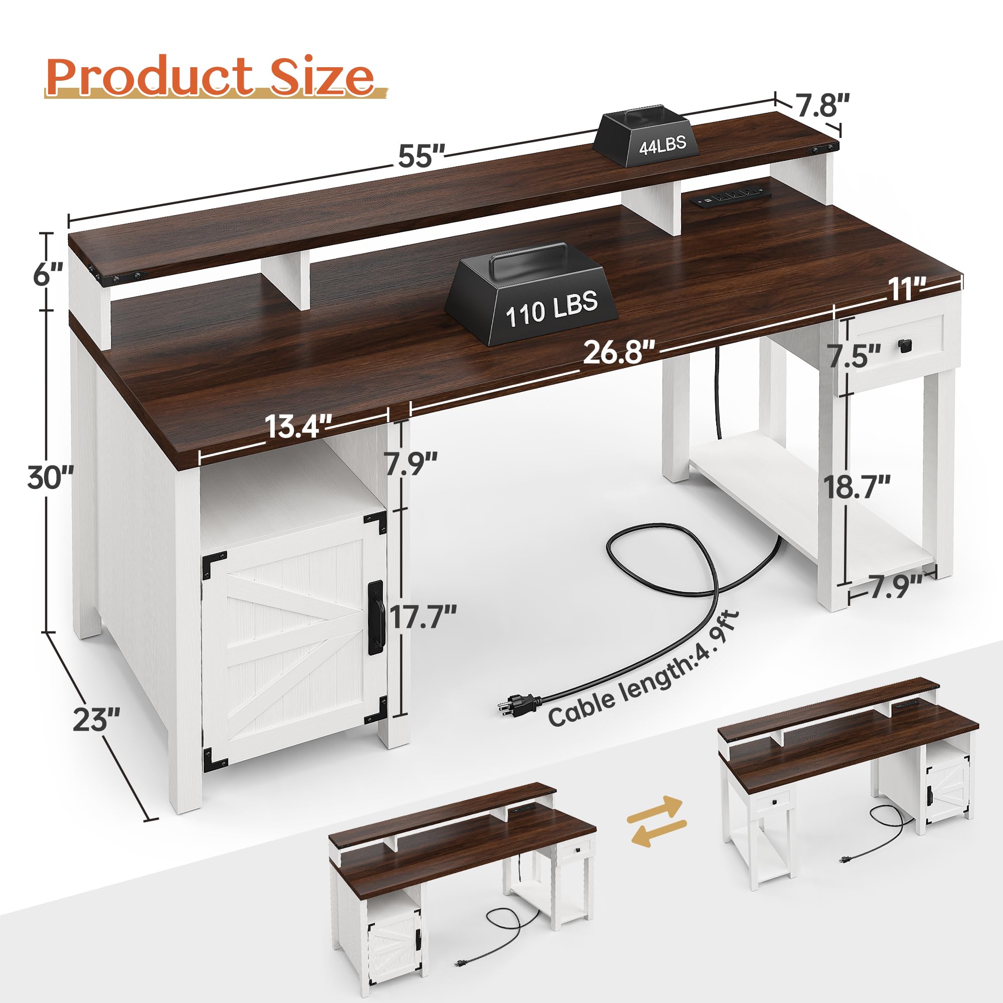 Farmhouse Office Desk with Drawers & Power Outlets - 55