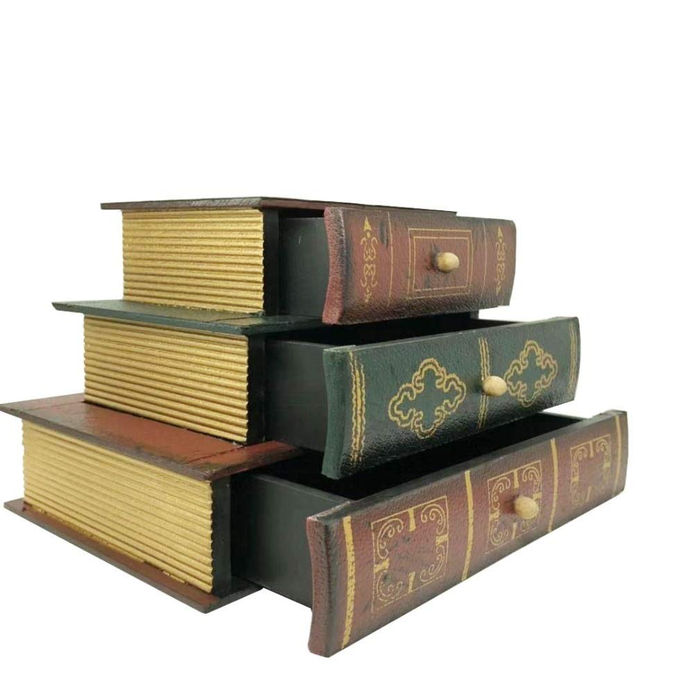 Vintage Wooden Jewelry Box with 3 Layers - Large Capacity Book Style Jewelry Organizer for Necklaces, Rings & Cosmetics - Sturdy Desktop Storage Box for Home Decor & Gift Giving