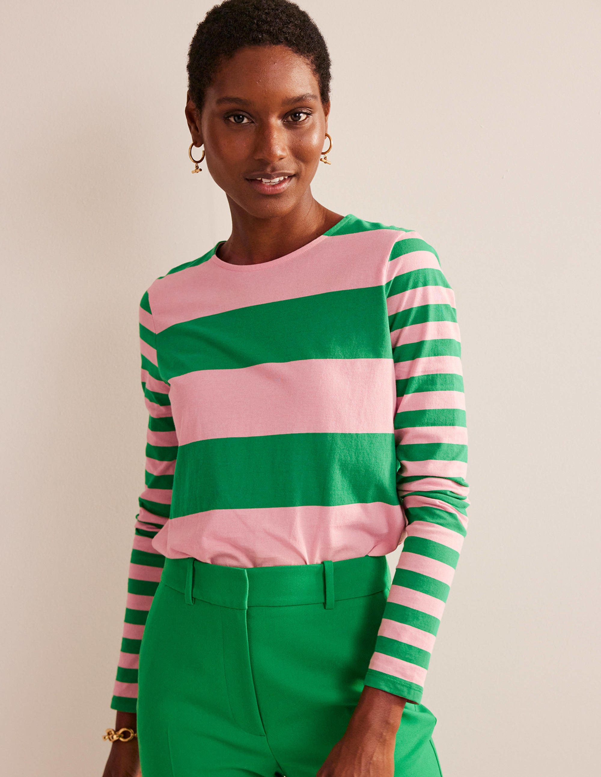 Bea Long Sleeve Breton Striped Shirt for Women - Pink & Green Striped Cotton Top | Casual Wear, Office Outfit, Spring Fashion