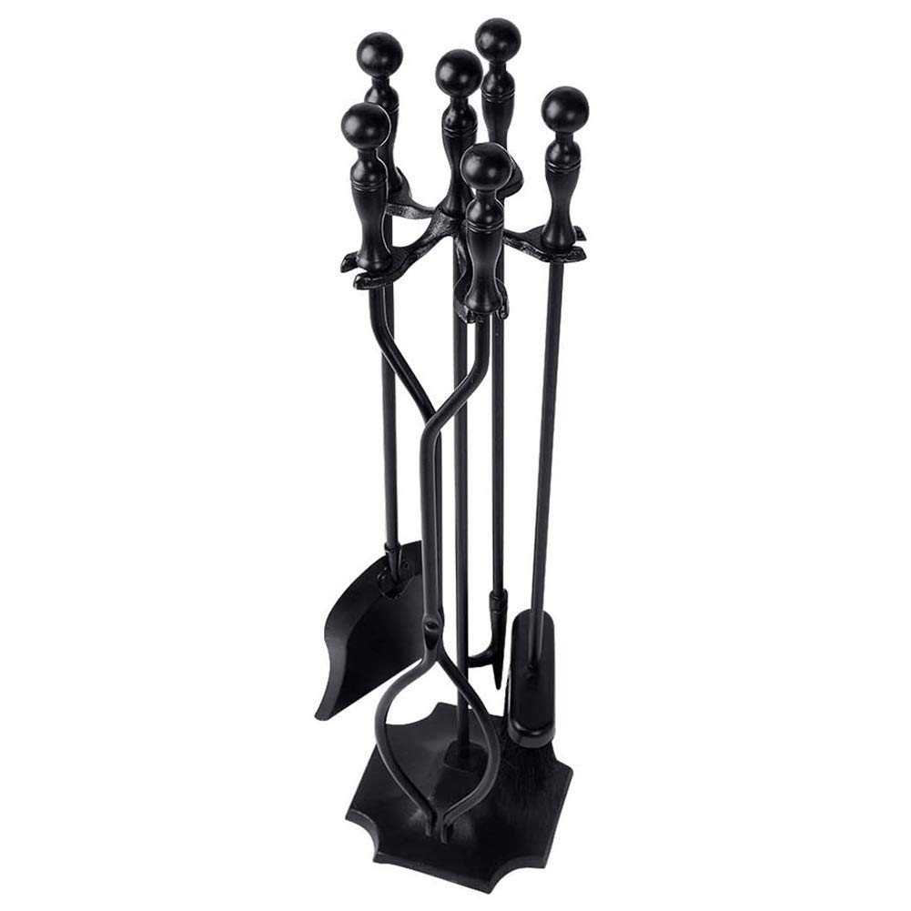 5 Piece Heavy Duty Wrought Iron Fireplace Tool Set - Black Fireplace Accessories with Poker, Shovel, Tongs, Brush & Stand - Easy to Assemble - Perfect for Indoor Fireplace, Hearth & Home Decor