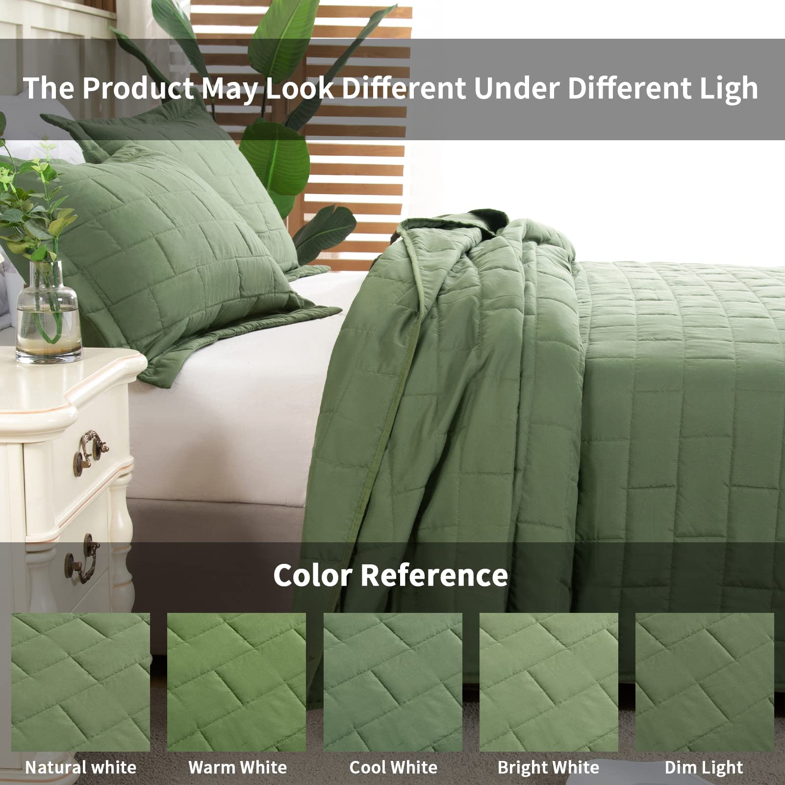 Hygge Hush Summer Quilt Set King Size - Olive Green Rectangle Pattern 3 Piece Bedding Set | Oversized Modern All Season Bedspread with 1 Quilt & 2 Pillow Shams | Perfect for Guest Rooms, Master Bedroom & Cozy Home Decor