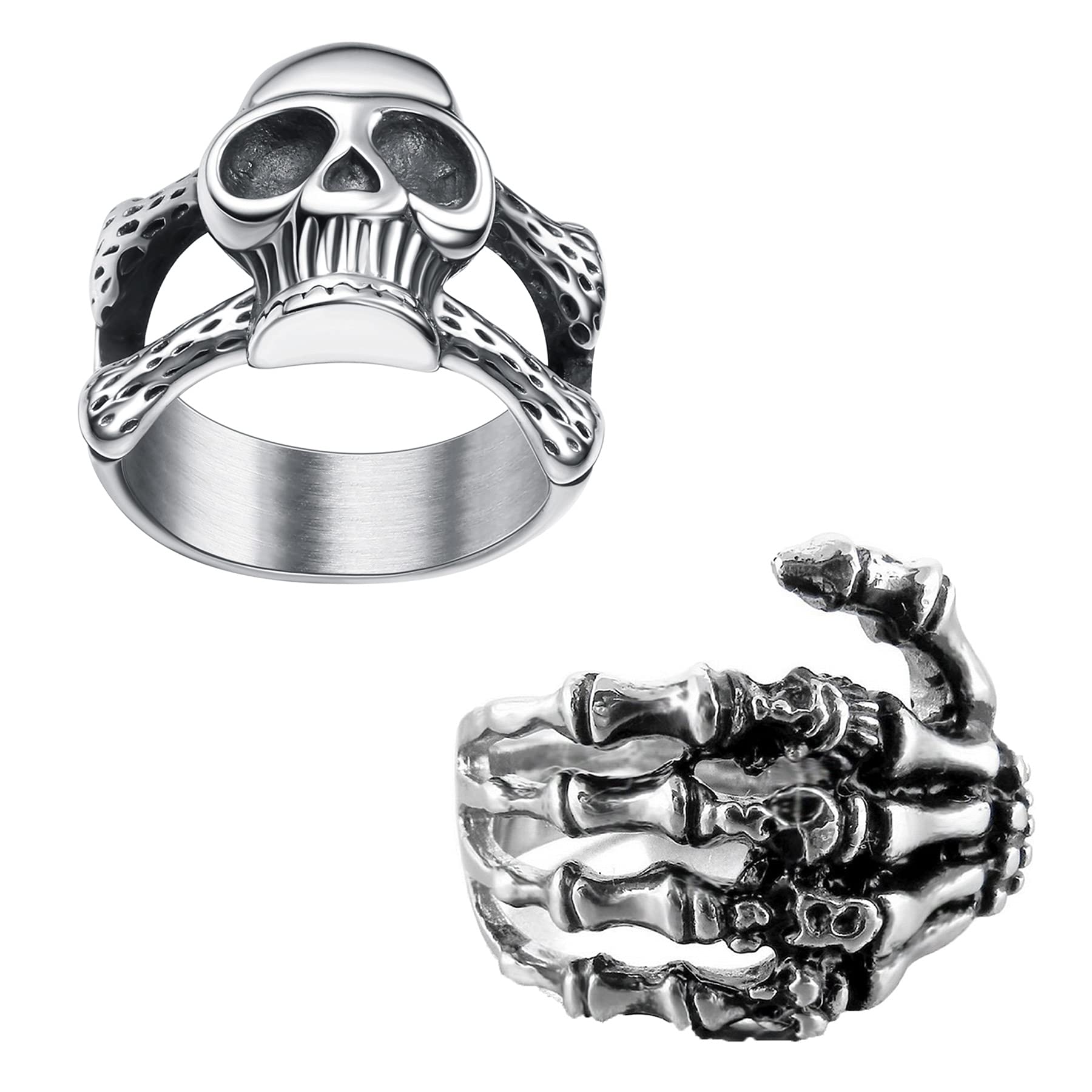 Vintage Skull Rings Set for Men & Women - 2 Pcs Stainless Steel Punk Biker Gothic Skeleton Jewelry Rings (Size 7-14) - Perfect for Halloween, Gothic Fashion & Biker Accessories