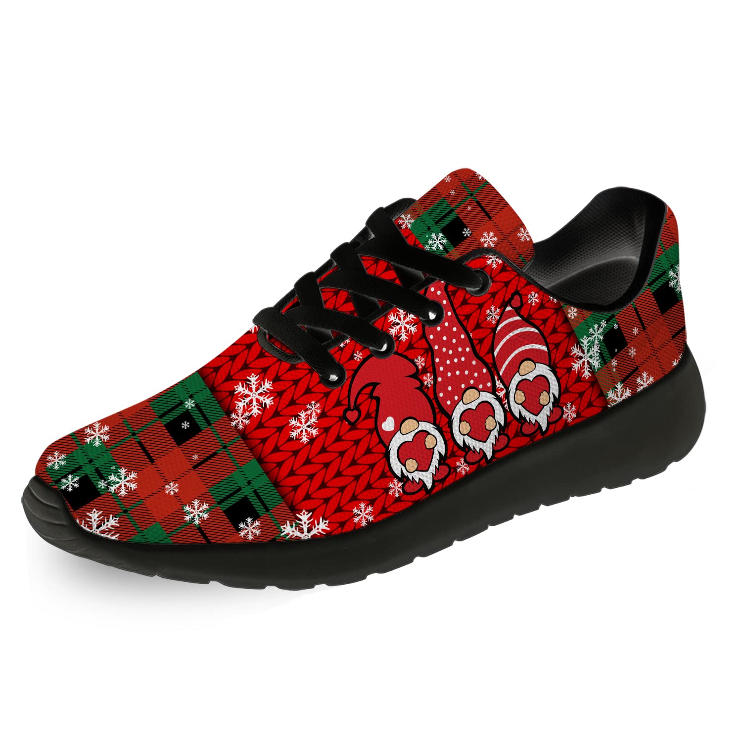 **Ciadoon Gnome Shoes for Men & Women - Christmas Running Sneakers with Red Green Plaid Design - Comfortable Walking & Tennis Shoes - Perfect Holiday Gift for Boys & Girls - Size 5 Men/7 Women (Black, Red Green Gnome) - Ideal for Jogging, Gym & Casual Wear**