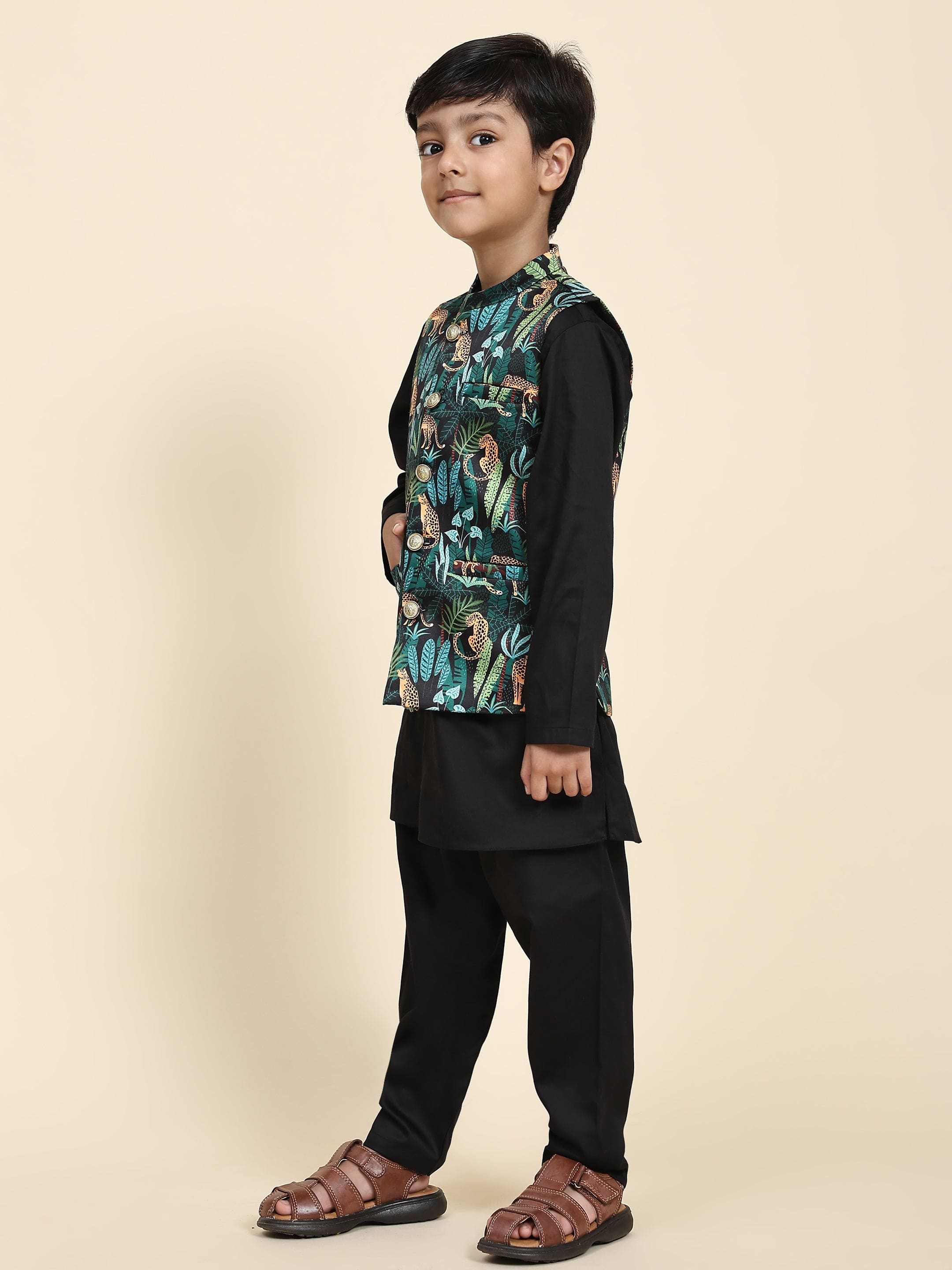 Pre-Order Black Leopard Print Satin Kurta Pajama Set for Men | Elegant Indian Ethnic Wear for Weddings & Festivals