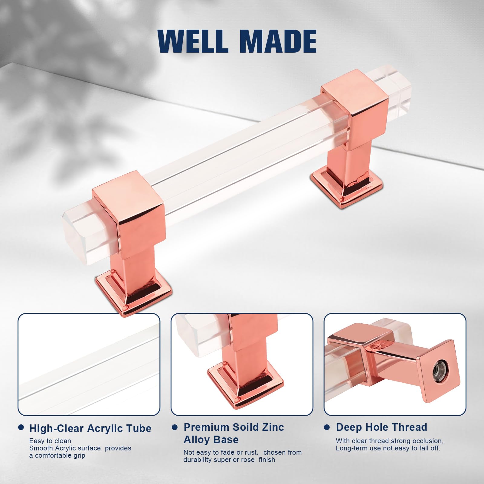10 Pack Clear Acrylic Cabinet Handles with Rose Gold Finish - 3 Inch Hole Center Modern Square Drawer Pulls for Kitchen & Bathroom Cabinets - Durable Cabinet Hardware for Home Decor & Organization