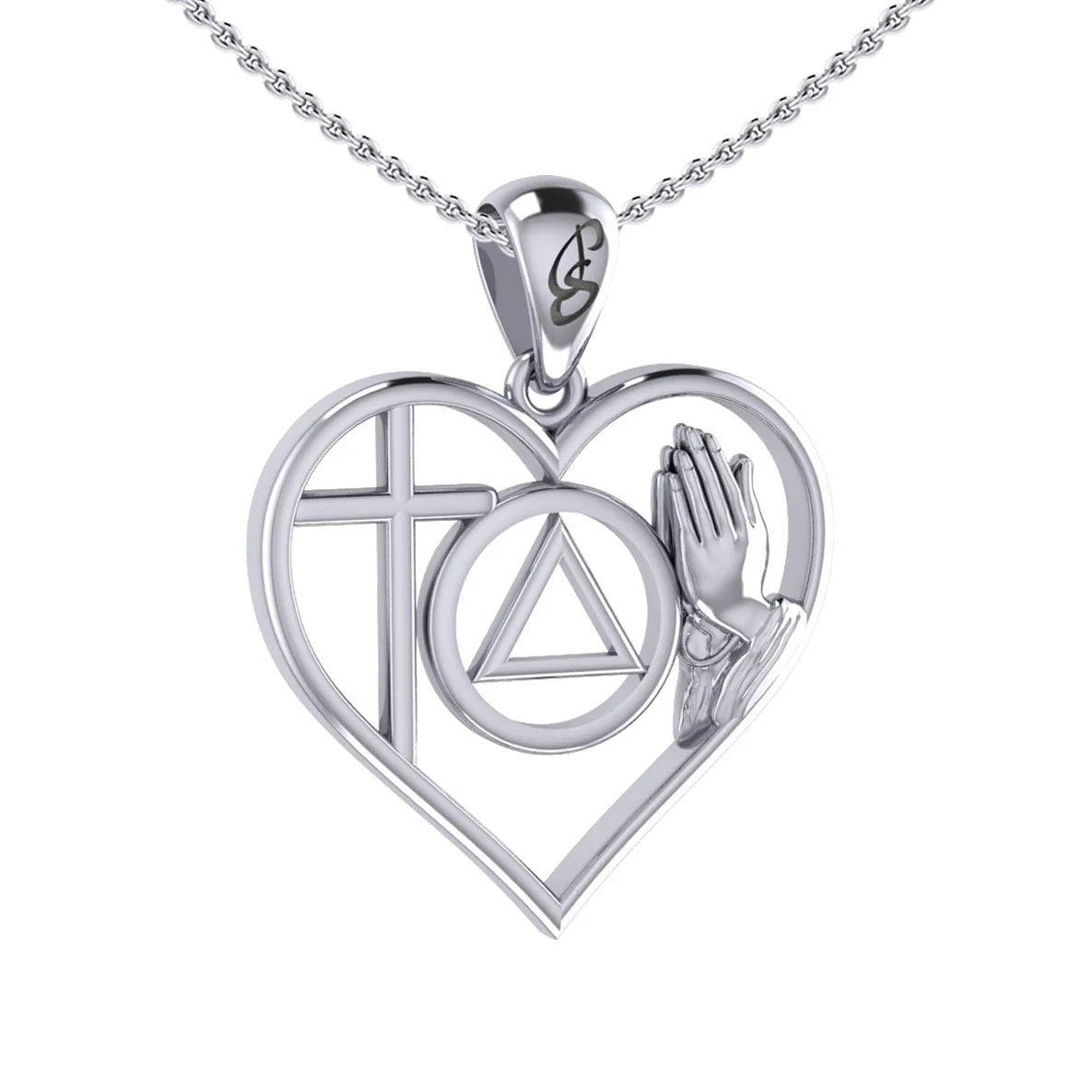 Faith & Christogram Heart Sterling Silver Recovery Pendant with AA/NA Symbol - Adjustable 18