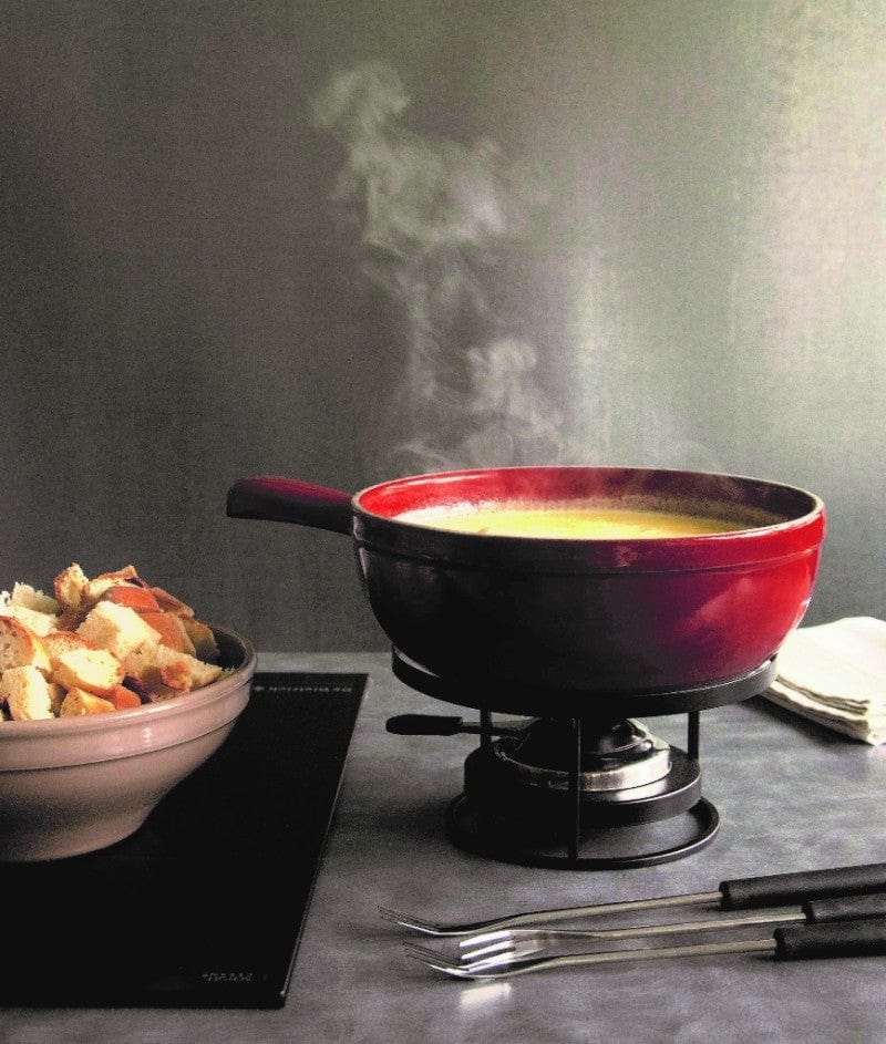 Emile Henry Burgundy Cheese Fondue Set - Premium Ceramic Fondue Pot with 6 Forks - Perfect for Entertaining, Parties & Romantic Dinners