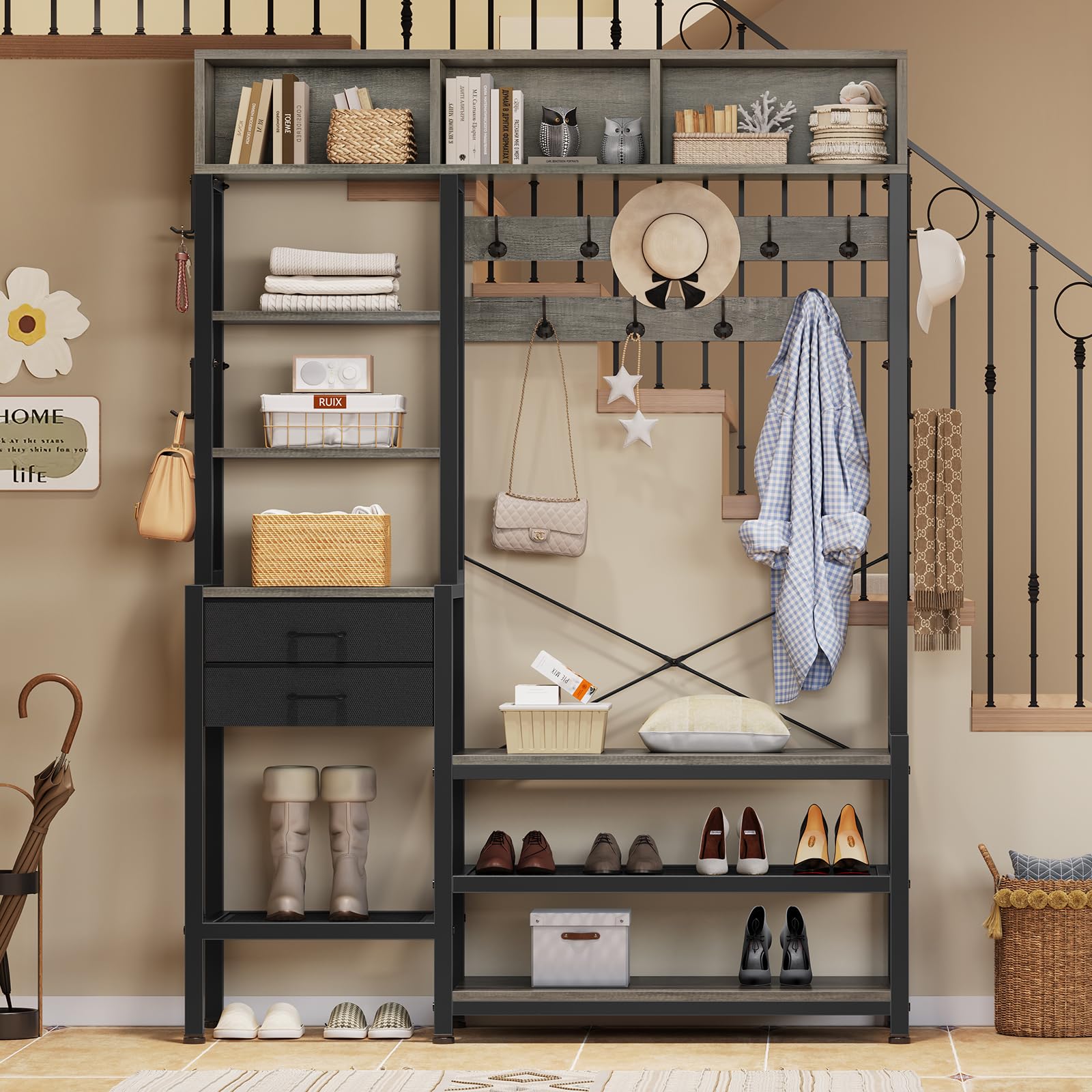 7-in-1 Itaar Hall Tree with Bench & Shoe Storage - Entryway Organizer with Coat Rack, 3 Cubbies, 3 Shelves, 17 Hooks & 2 Fabric Drawers (Oak Grey) - Perfect for Mudroom, Foyer & Small Space Organization