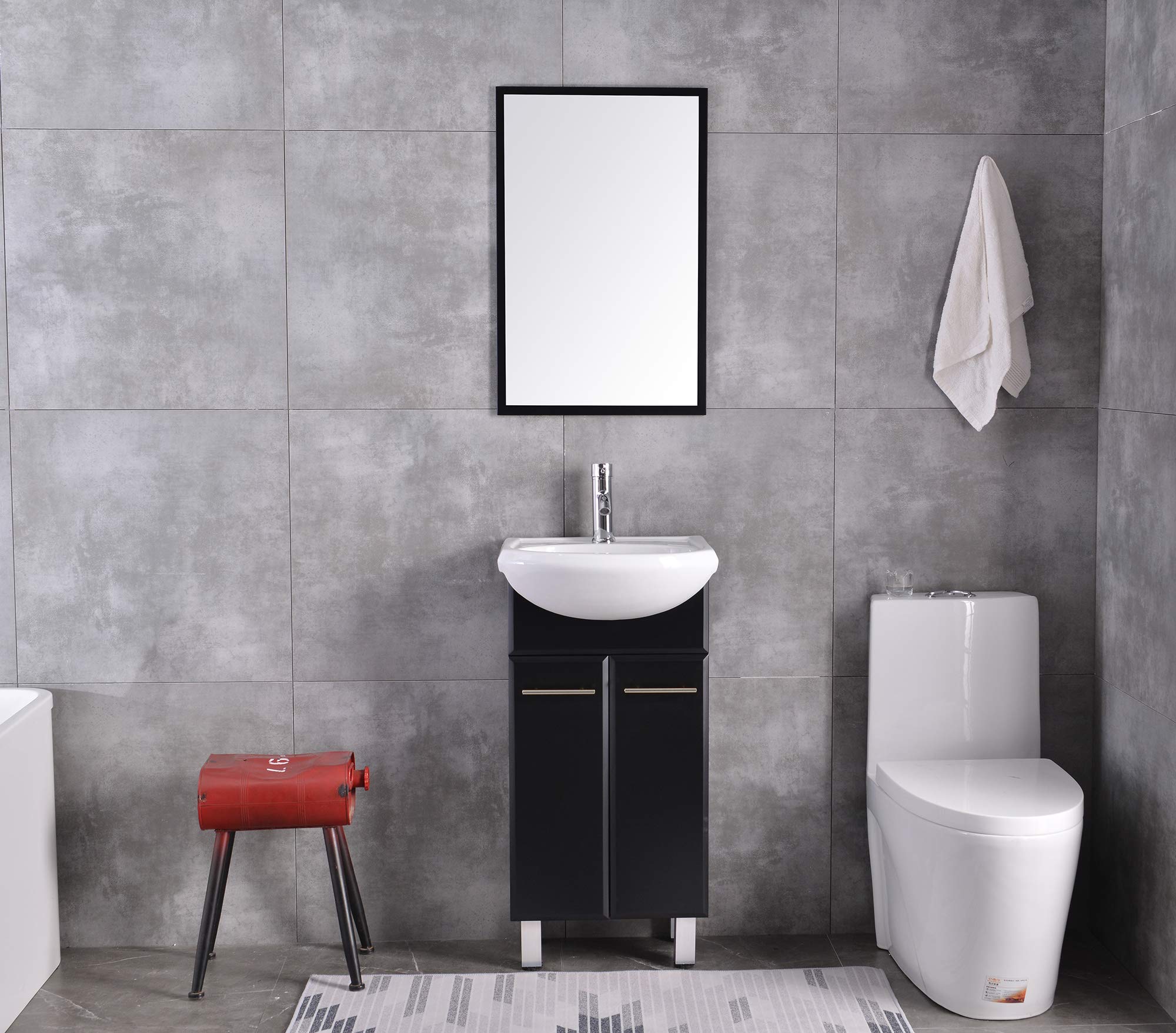 18 Inch Small Bathroom Cabinet Vanity Set with Mirror, Ceramic Vessel Sink & Faucet - Includes Drain, Black - Perfect for Powder Rooms, Guest Baths & Compact Spaces