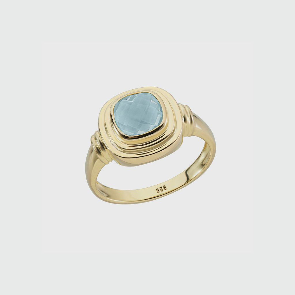 14K Gold Vermeil Blue Topaz Ring for Women - Elegant California Cushion Cut Gemstone Jewelry for Engagement, Anniversary & Everyday Wear