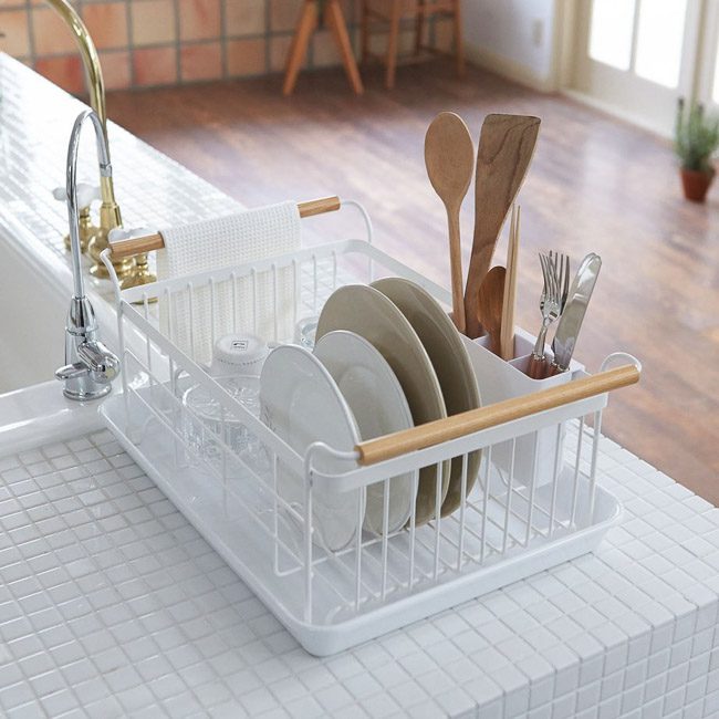 YAMAZAKI Tosca Dish Drainer - White | Compact Kitchen Countertop Drying Rack for Plates, Bowls & Utensils | Space-Saving Organizer for Small Kitchens & Apartments