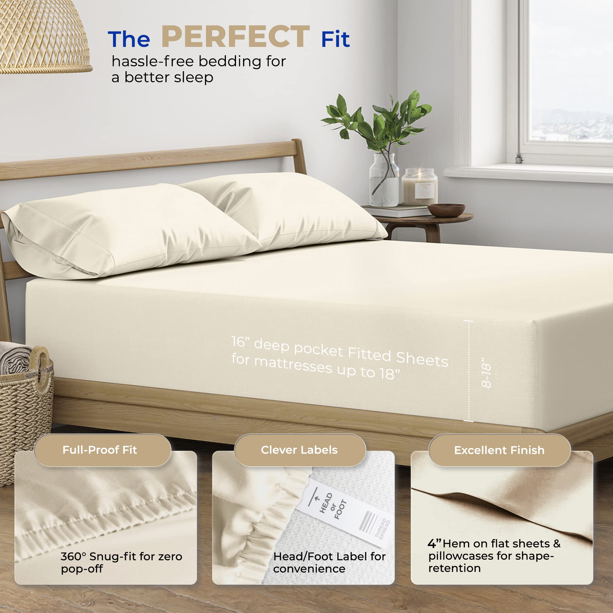 Premium 100% Cotton King Size Sheet Set - 400 Thread Count 4-Piece Bedding for King Beds | Deep Pocket Cooling Sheets for Hot Sleepers | Breathable & Soft Ivory Bed Sheets | Perfect for Summer Nights & Temperature Regulation