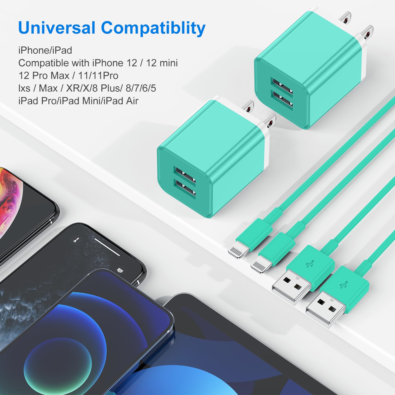 Fast Charging iPhone Charger & Wall Plug 2-Pack - 6ft Lightning Cable & Dual Port USB Adapter for iPhone 14 Pro Max/13/12/11/XR/XS/8/7/6S/SE & iPad - Perfect for Home, Office & Travel Use (Green)
