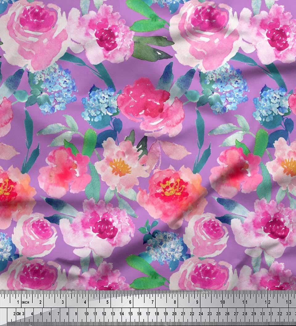 Soimoi 42 Inch Wide Satin Silk Fabric - Floral & Leaves Watercolor Print for DIY Dresses, Curtains, and Home Decor