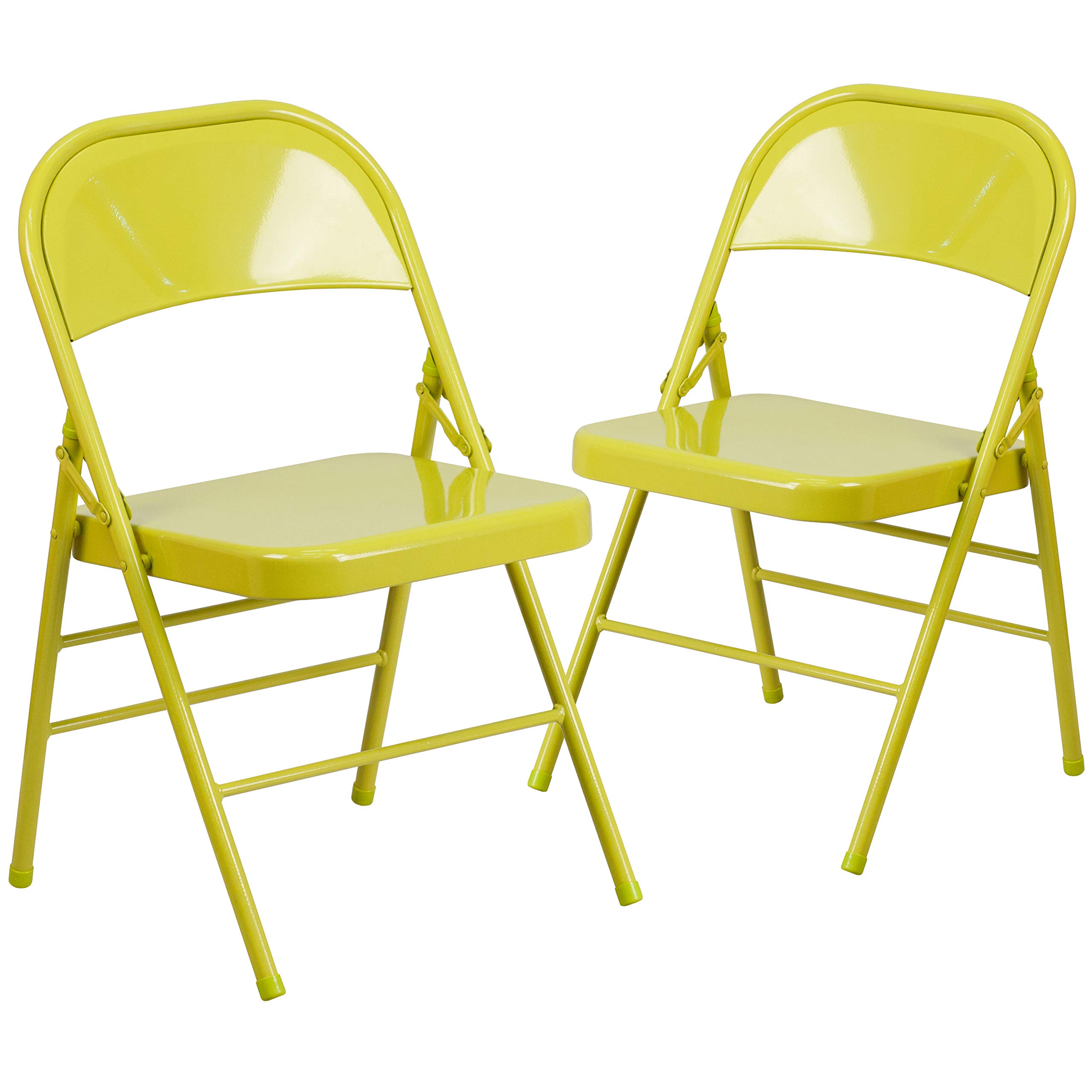EMMA + OLIVER 2 Pack Twisted Citron Triple Braced & Double Hinged Metal Folding Chairs - Heavy Duty Outdoor & Indoor Use for Patio, Garden, Picnic, Camping, and Events