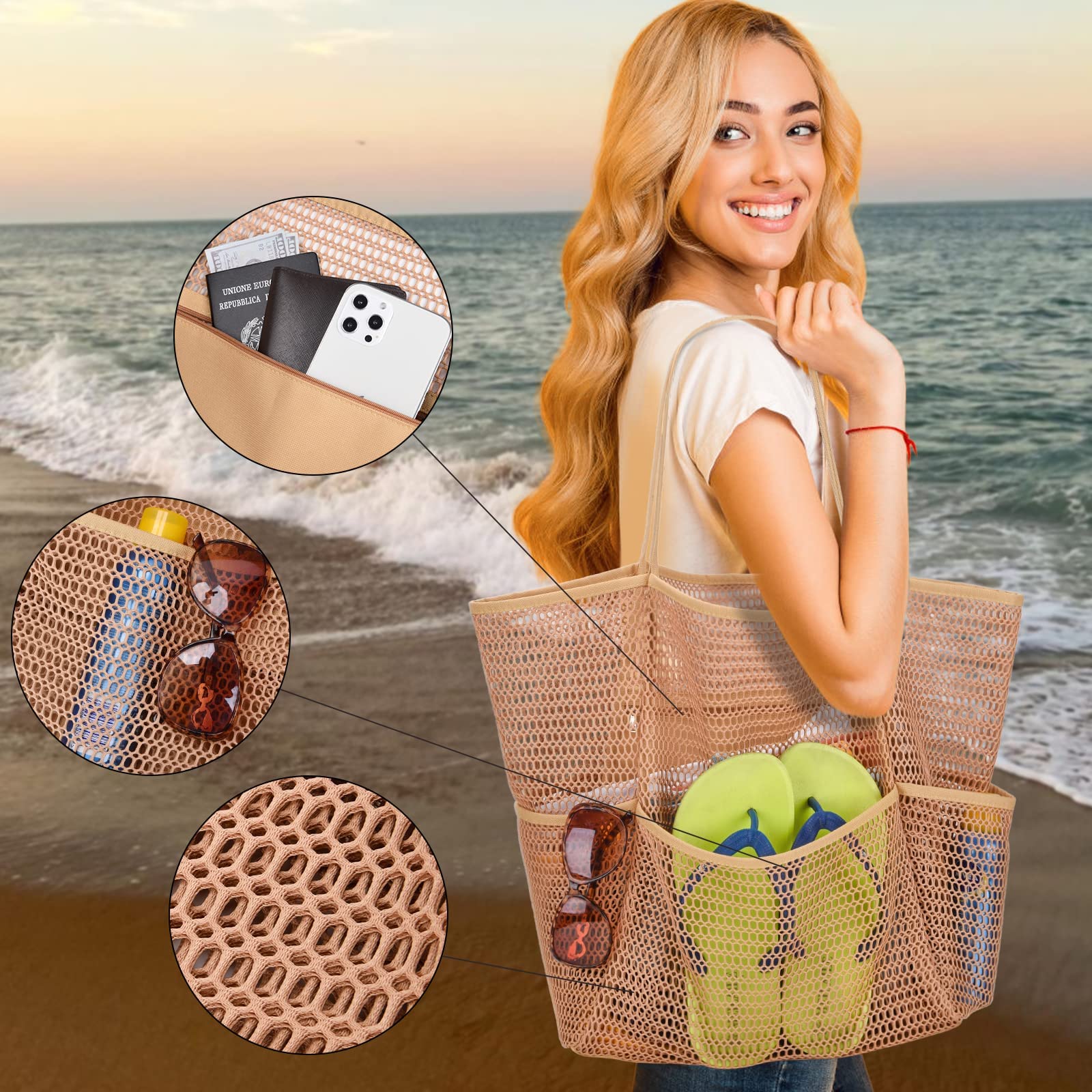**Large Mesh Beach Tote Bag for Women - Waterproof Pool Bag with Multiple Pockets - Perfect for Family Travel, Swimming & Beach Outings**