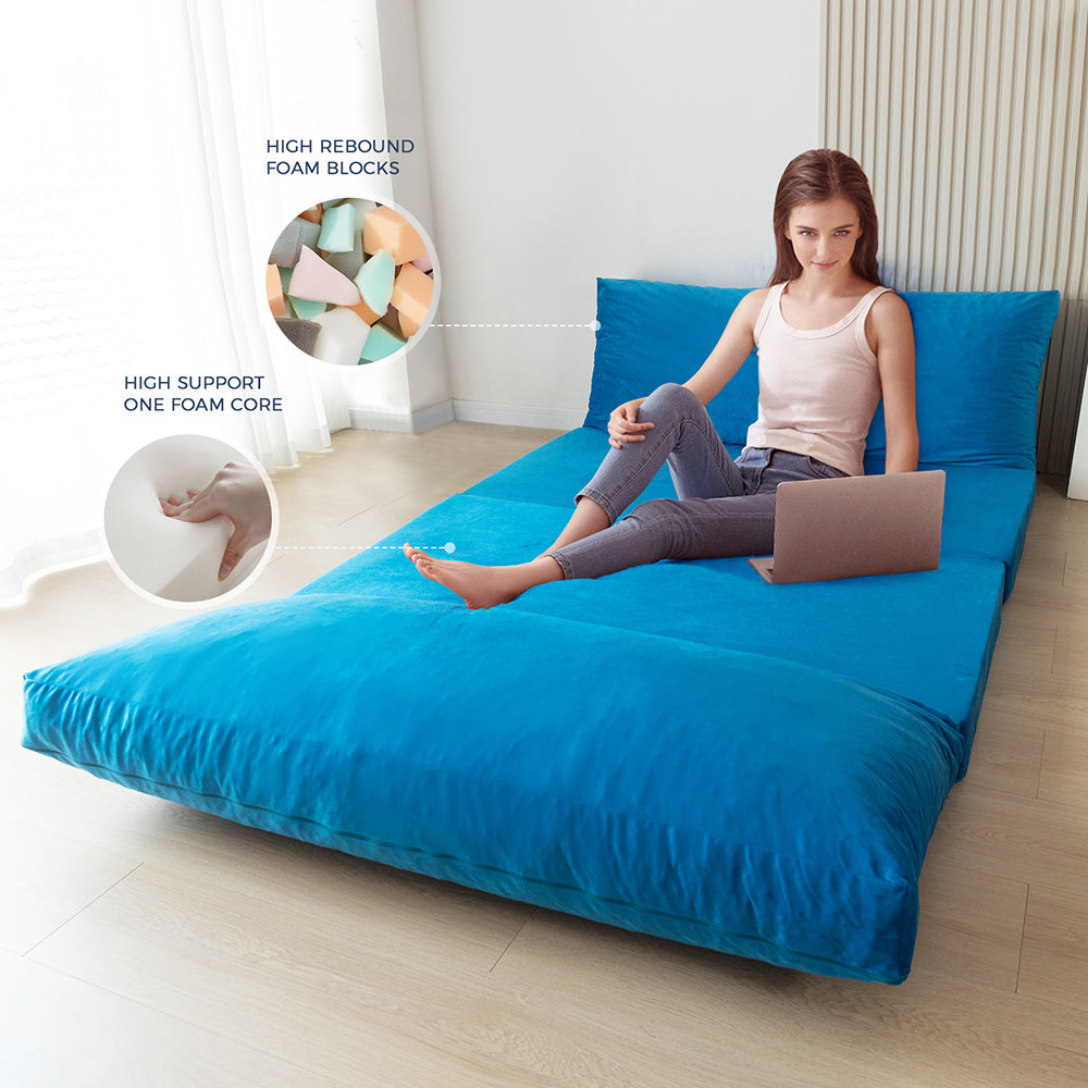 MAXYOYO Velvet Bean Bag Folding Sofa Bed - Washable Cover for Adults, Blue | Comfortable Floor Seating for Living Room, Bedroom & Dorm