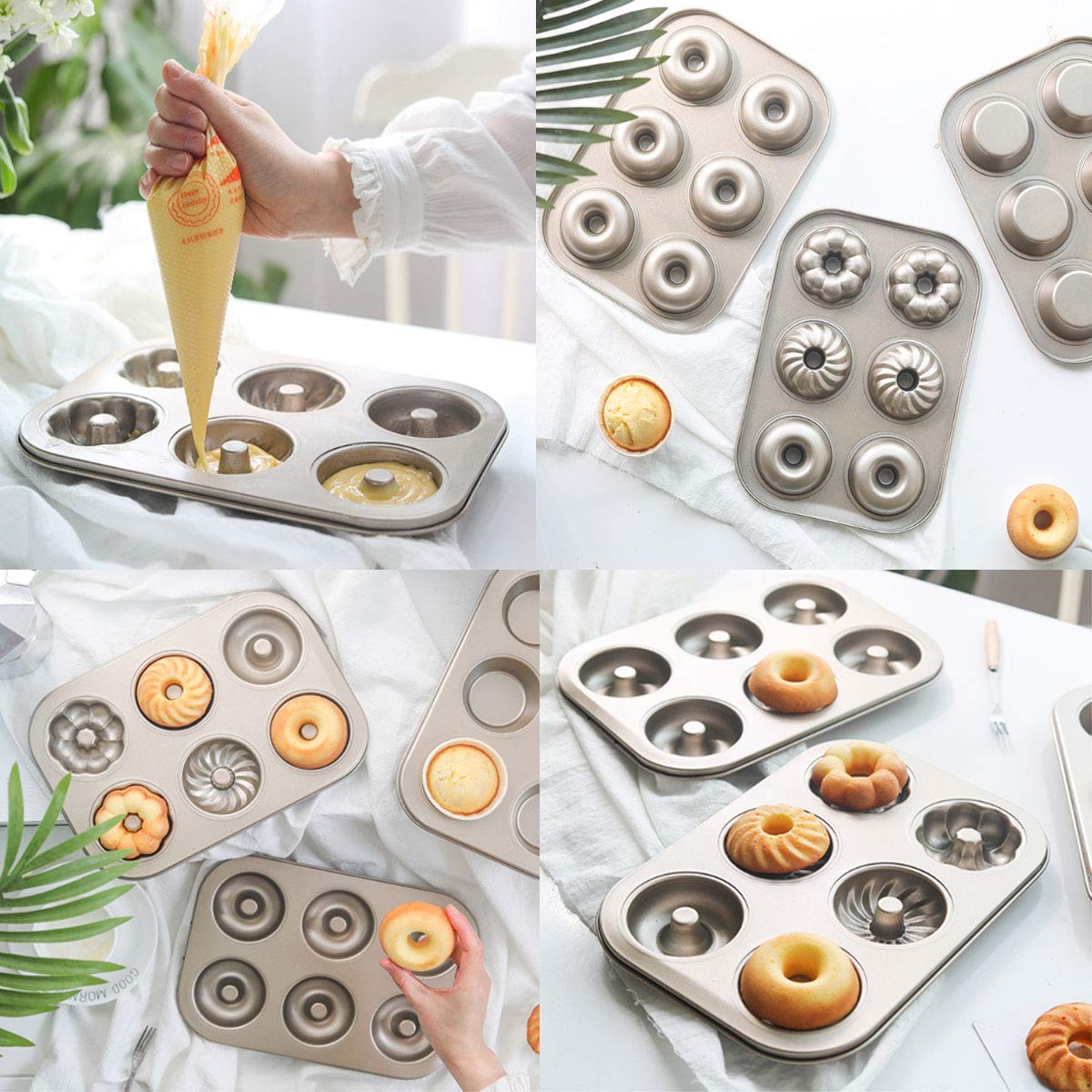 Lnndong 6-Position Non-Stick Donut Baking Pan Set - Carbon Steel Hollow Cake Mold for Doughnuts, Cupcakes & Pastries | Perfect for Home Baking, Party Treats & Holiday Desserts (2-Pack)