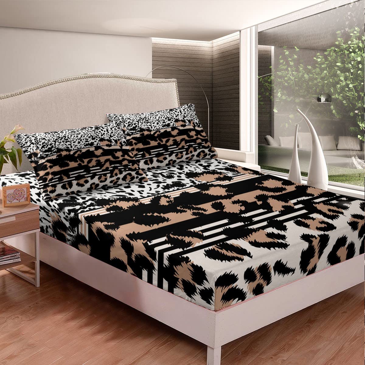 Manfei Leopard Print Twin Sheet Set - 3 Piece Cowhide Fur Bedding with Deep Pocket Fitted Sheet, Flat Sheet & Pillowcase - Soft Brown Animal Print Stripe Design for Kids, Teens & Adults - Perfect for Cozy Bedrooms, Dorm Rooms & Themed Decor