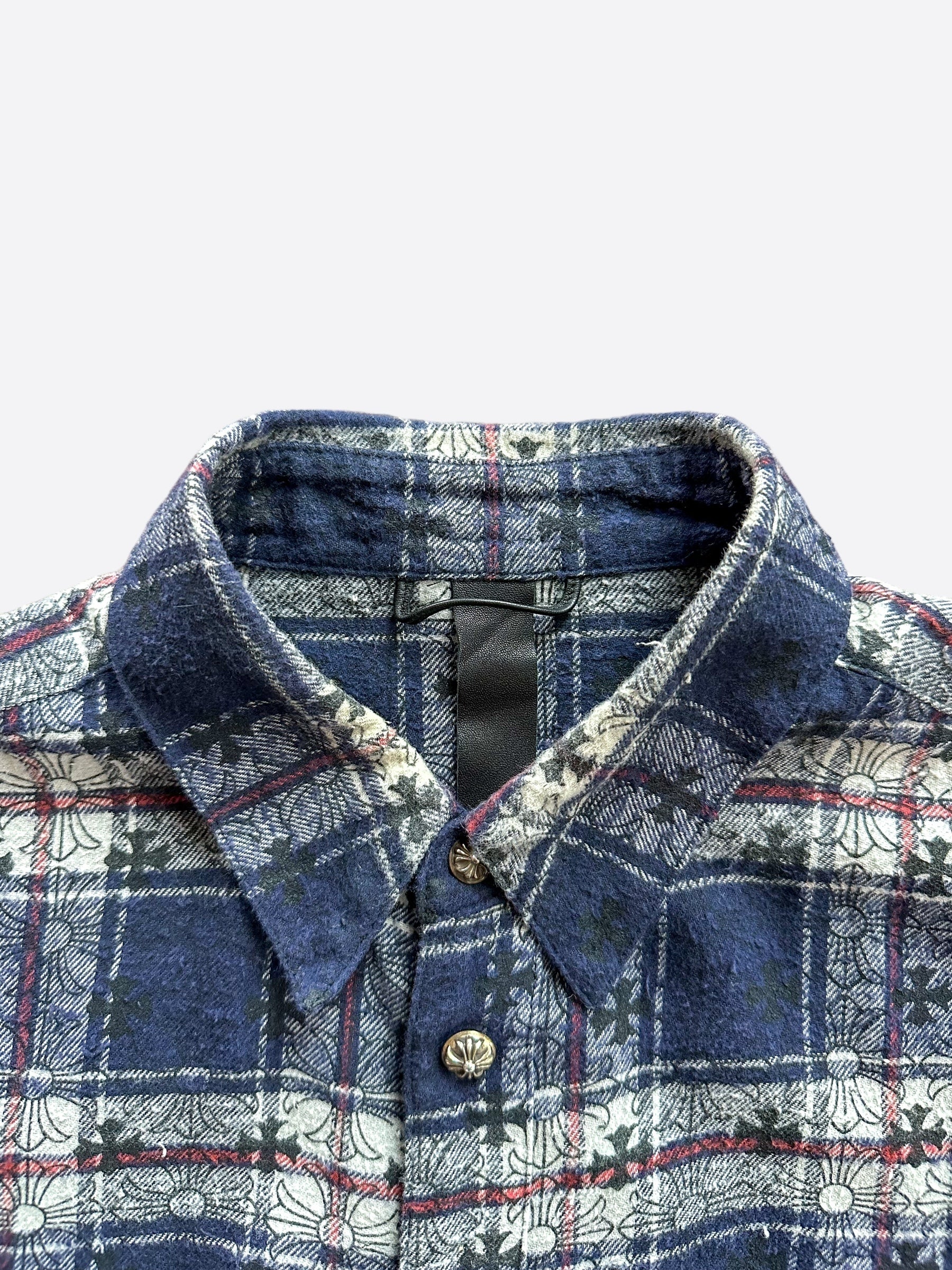 Chrome Hearts Blue Cross Patch Jacquard Button Up Shirt for Men | Gothic Fashion Streetwear | Perfect for Casual Outings and Music Festivals