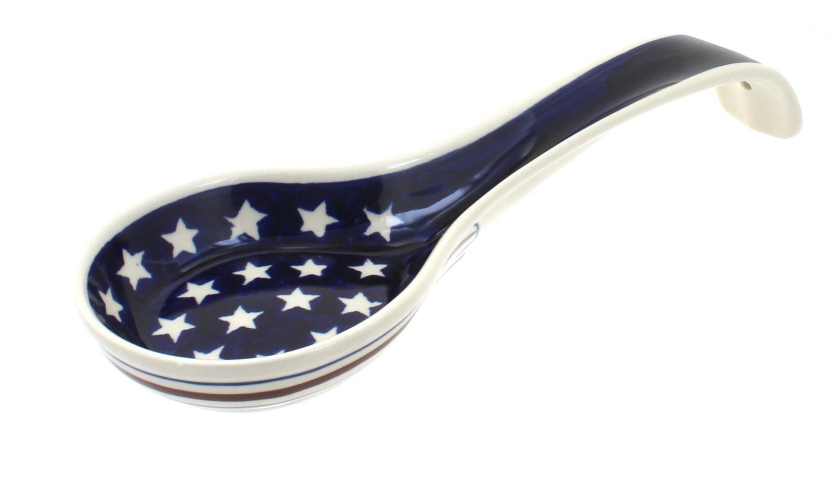 Blue Rose Polish Pottery Stars & Stripes Large Spoon Rest - Handcrafted Ceramic Kitchen Utensil Holder for Cooking, Serving & Decor - Perfect for 4th of July, Patriotic Holidays & American-Themed Kitchens