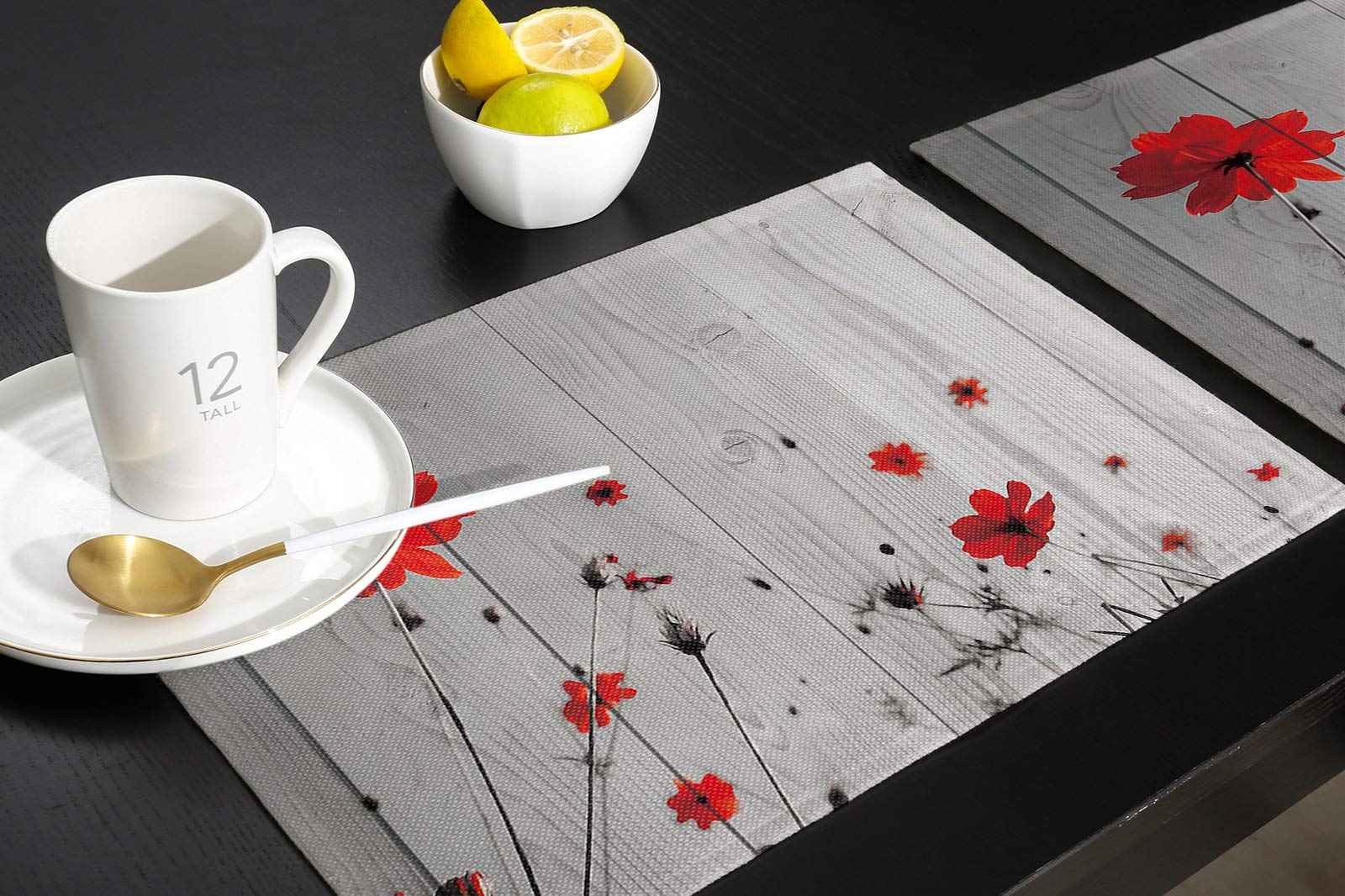 Red Poppy Flowers Placemats Set of 6 - 13x19 Inch Rustic Grey Farmhouse Cotton Linen Table Mats for Kitchen & Dining Room Decor, Washable Floral Placemats for Everyday Use, Dinner Parties & Holiday Entertaining