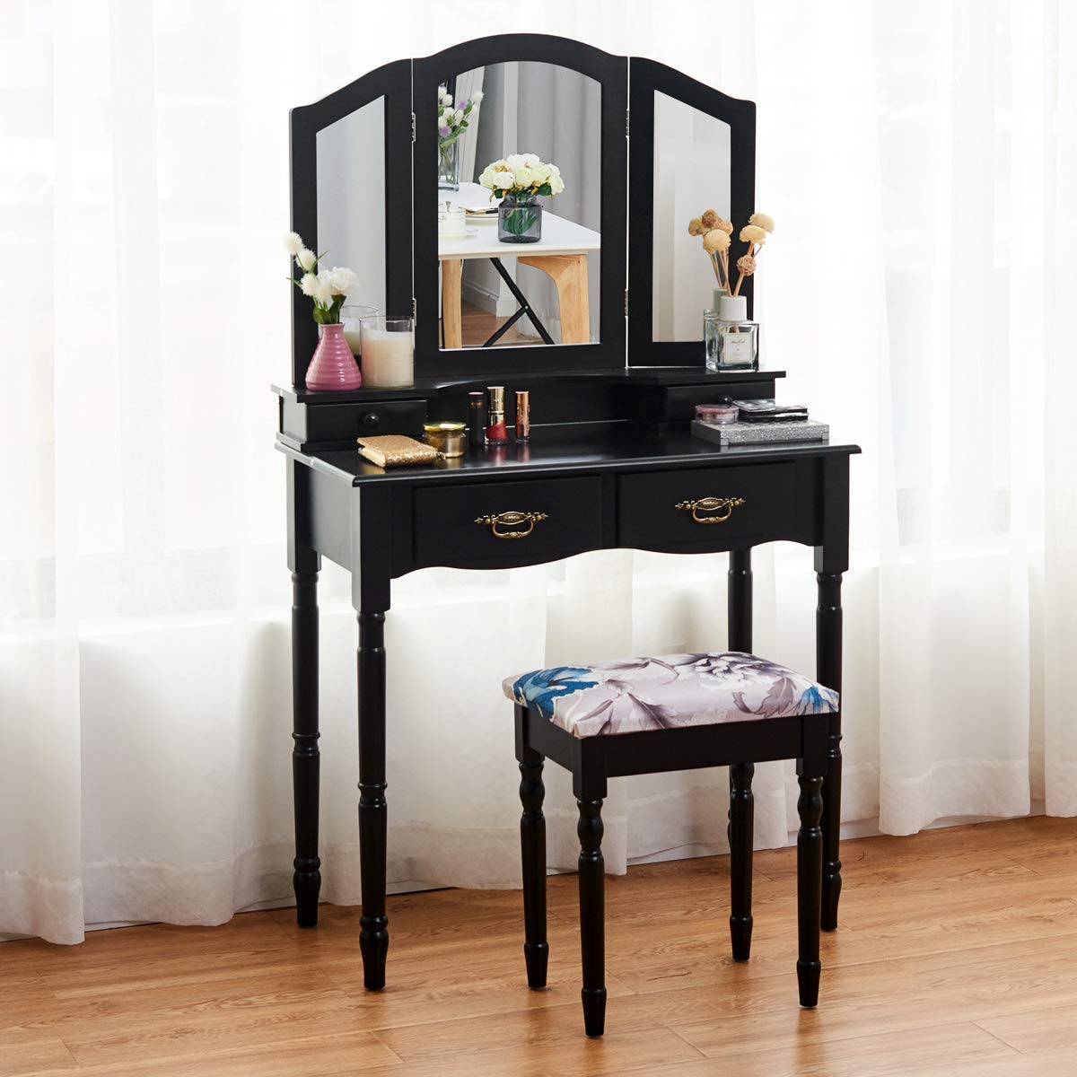 Giantex Vanity Table Set with Tri-Folding Mirror, Makeup Dressing Table with 4 Drawers & Padded Stool, Black Bedroom Vanity Desk for Women - Perfect for Makeup Application, Jewelry Storage & Bedroom Decor