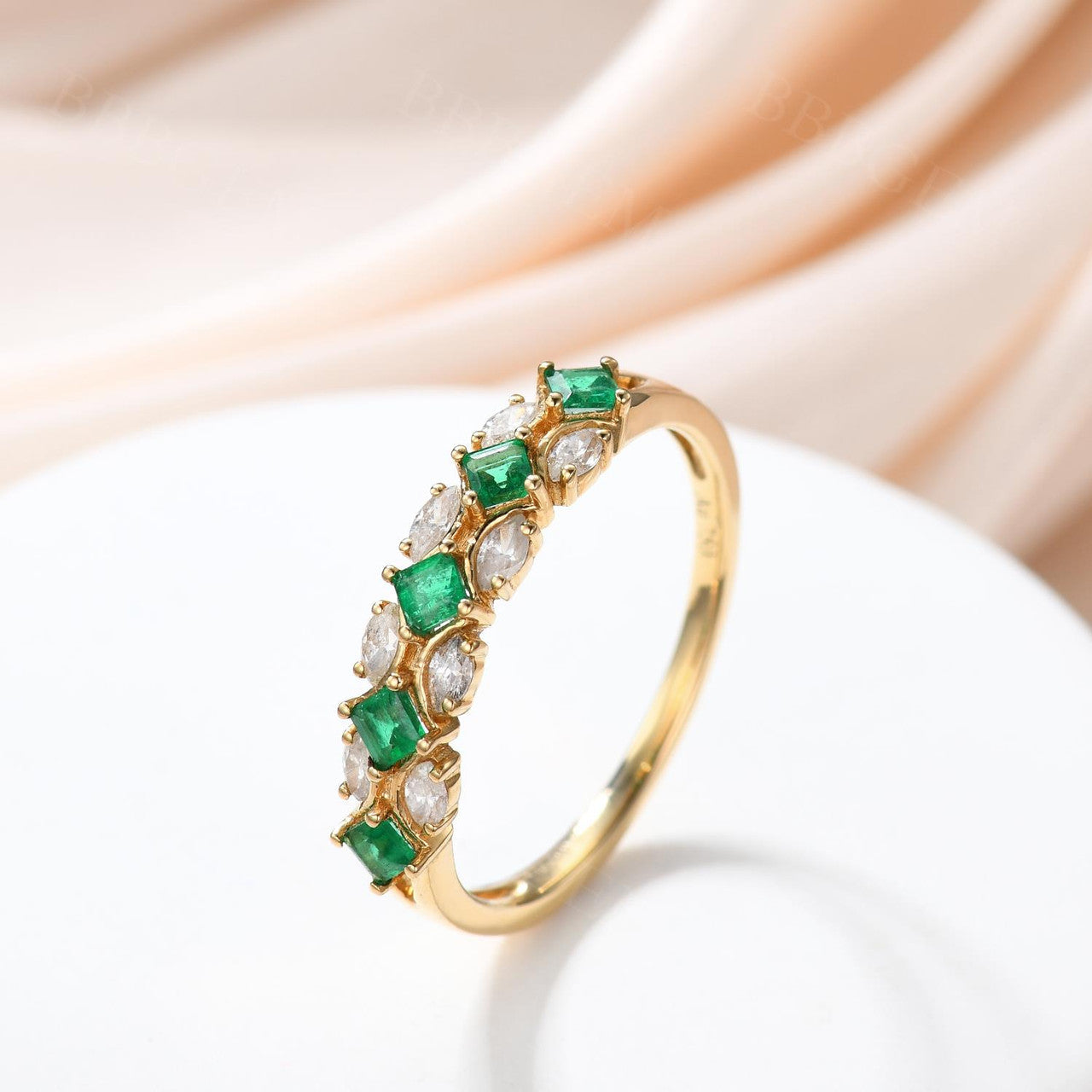 14K Yellow Gold Moissanite & Genuine Emerald Double Row Princess Cut Wedding Band for Women - Elegant Bridal Ring, Anniversary Gift, or Everyday Jewelry