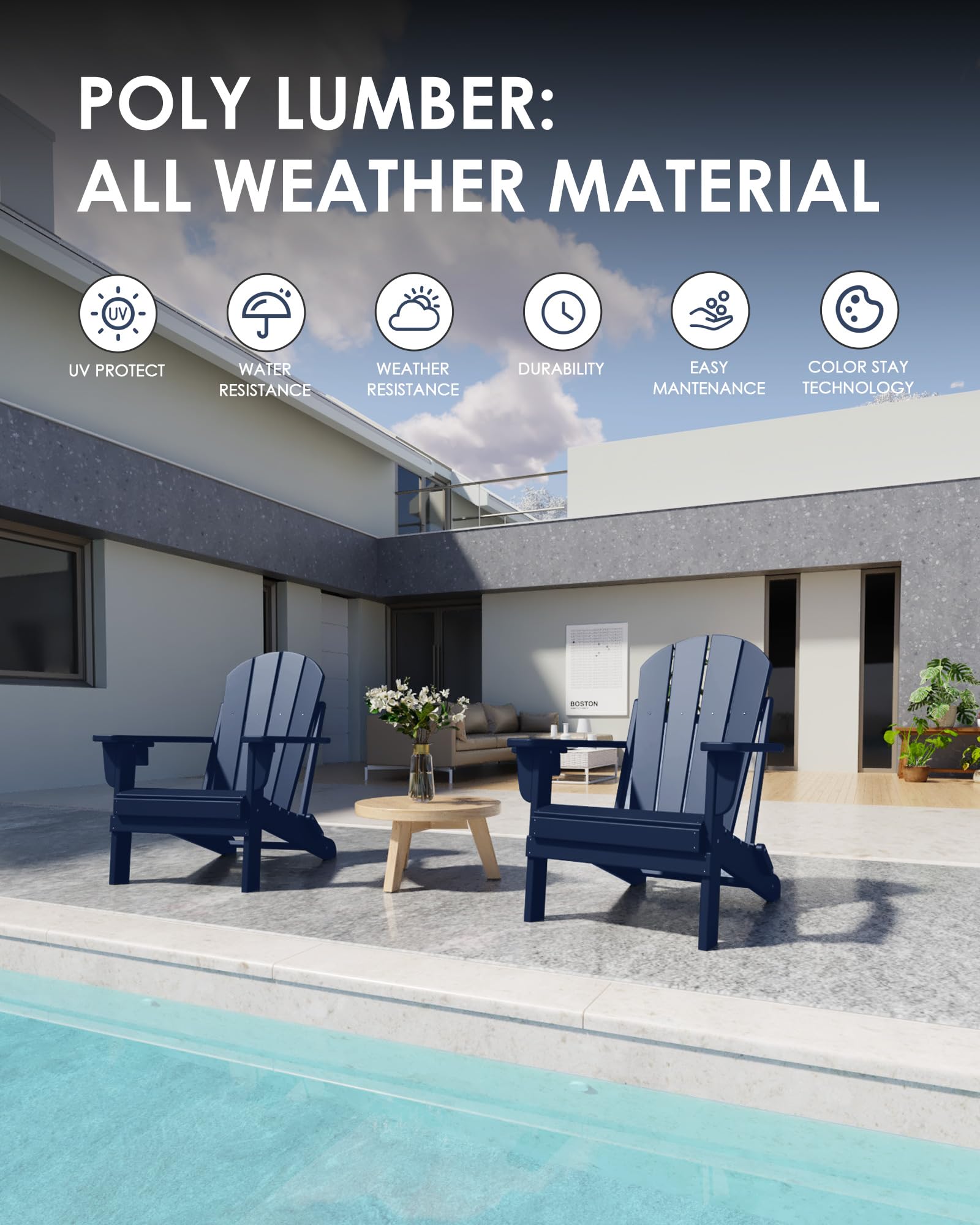 All-Weather Folding Adirondack Chairs - Heavy Duty HDPE Patio Chairs with Cup Holder, 385lb Weight Capacity - Navy Blue Outdoor Lounge Chairs for Backyard, Firepit, Poolside & Garden Relaxation