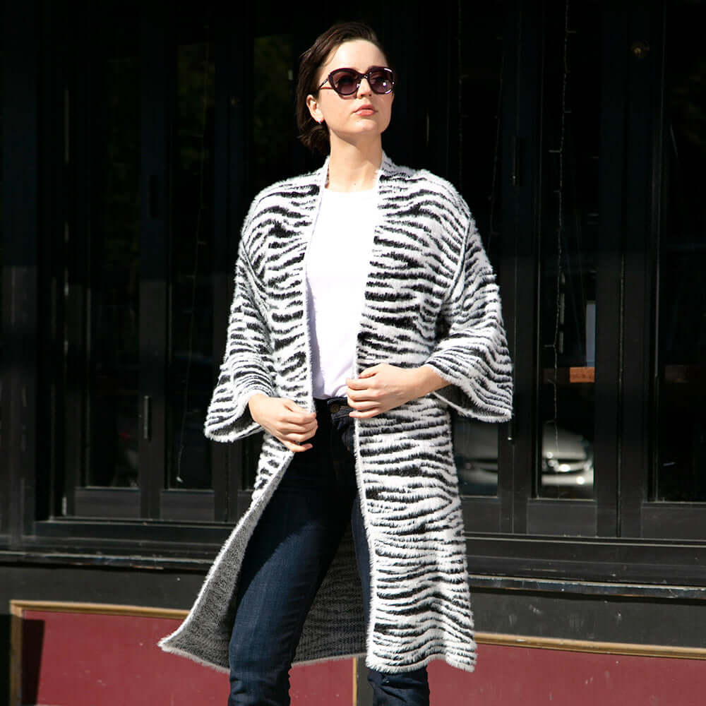 Stylish Zebra Print Bell Sleeve Cardigan for Women | Trendy Long Sleeve Open Front Sweater | Perfect for Casual Outings, Office Wear & Date Nights
