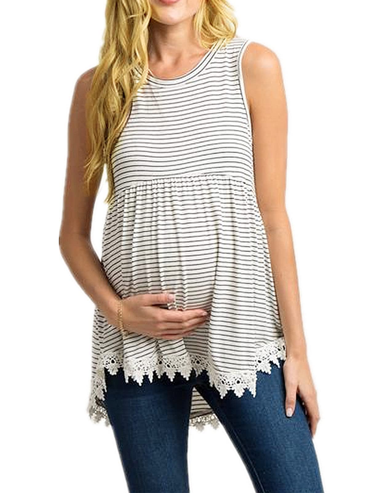 Xpenyo Women's Maternity Tank Top - Sleeveless Lace Crochet Trim Peplum Cami Shirt for Pregnancy | Comfortable Nursing & Maternity Wear for Everyday Use