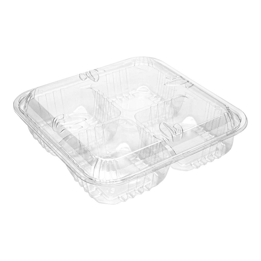 Restaurantware Thermo Tek 8.3 x 2.2 Inch Disposable Plastic Serving Platters with Lids - 100 Pack Square 4-Compartment Clear Veggie & Fruit Trays for Parties, Catering, Buffets, and Appetizer Displays