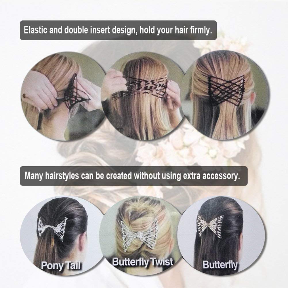 3 Pcs Crystal Bead Hair Combs - Magic Elastic Hair Clips & Stretchy Hair Barrettes for Women - Double Hair Claw Clips Set - Perfect for Updos, Ponytails & Everyday Styling