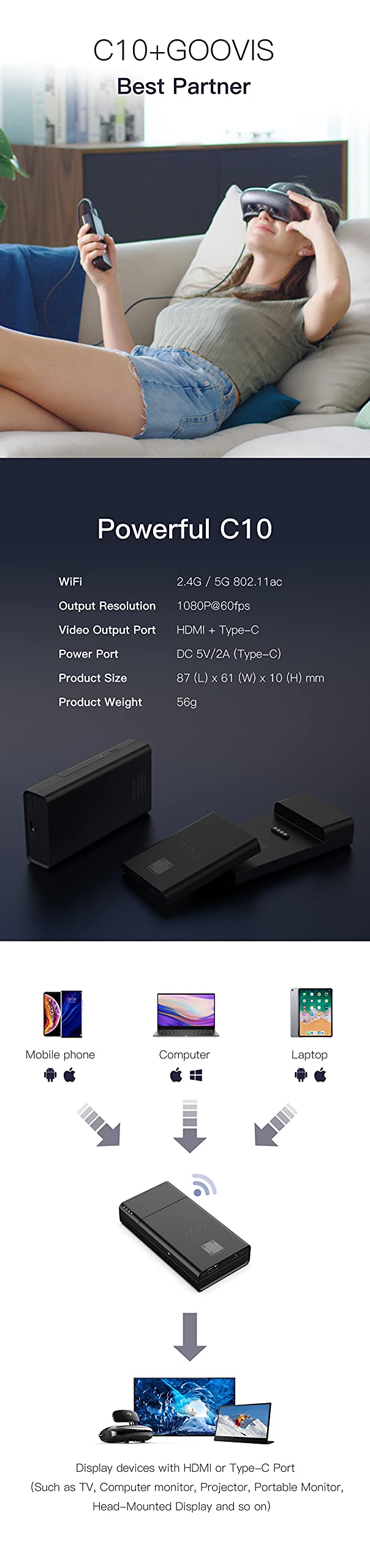 GOOVIS Wireless Cast C10 - Portable HD Video Glasses for Movies, Gaming & VR | Wireless Streaming, 3D Support, OLED Display | Perfect for Home Theater, Travel & Entertainment
