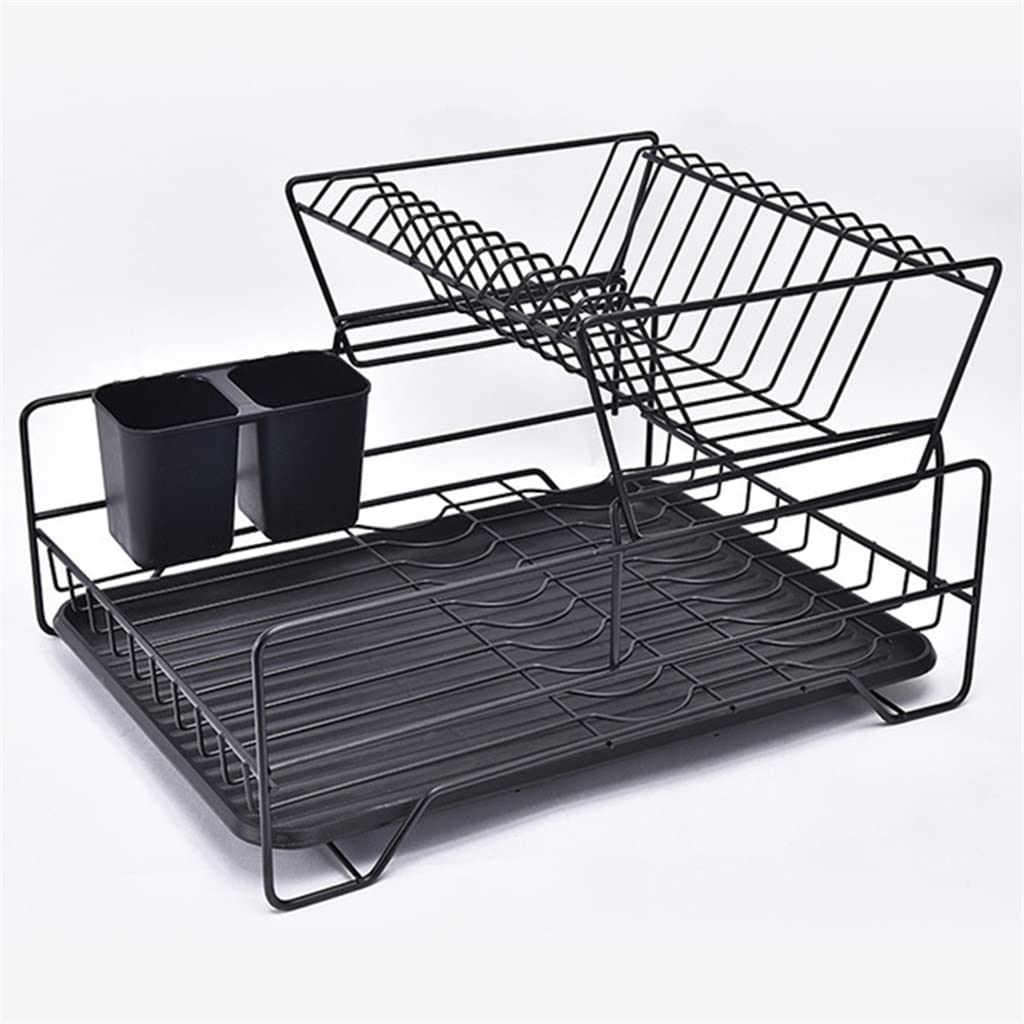 Stainless Steel Double Row Dish Drying Rack with Drain Board & Utensil Holder - Space Saving Kitchen Counter Organizer for Plates, Bowls & Cups (Black) - Perfect for Small Kitchens, Apartments & RV Use