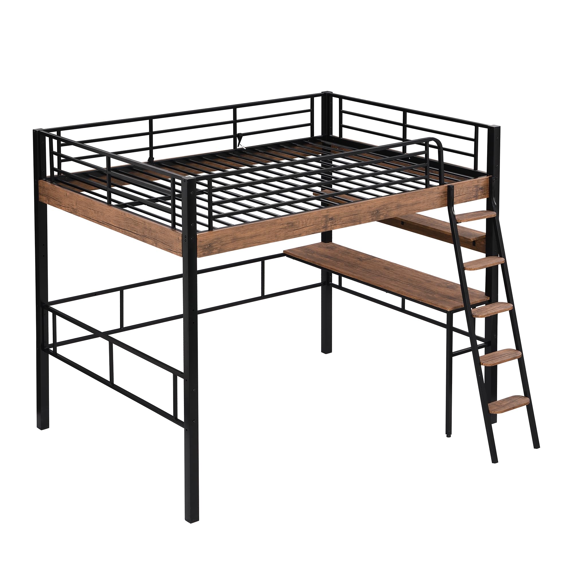 Full Size Loft Bed with Desk & Storage Shelf - Sturdy Metal Frame, Built-in Ladder & Safety Guardrail - Space-Saving Black Loft Bed for Kids & Teens - Perfect for Small Bedrooms, Dorms & Studio Apartments