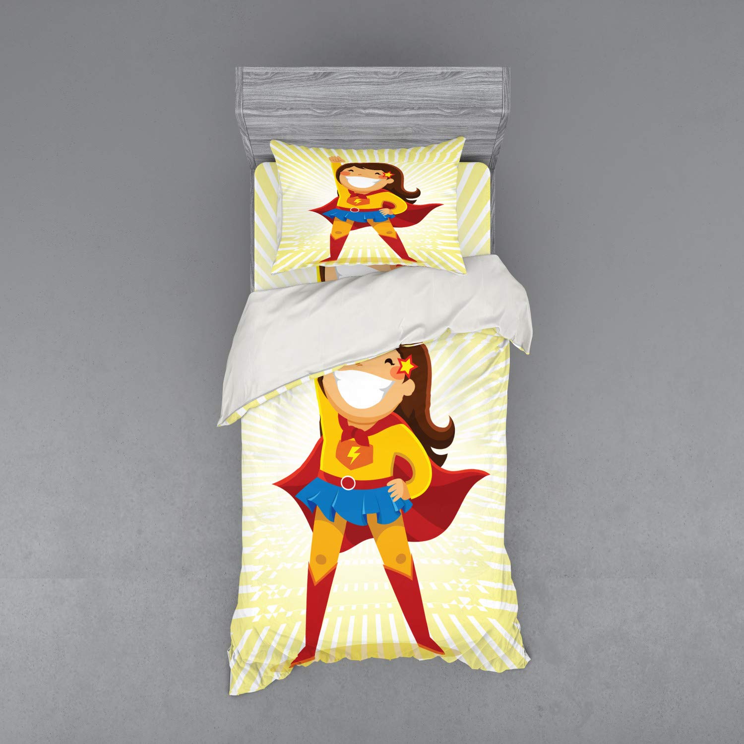 Ambesonne Superhero Bedding Set - 3 Piece Duvet Cover with Sham & Fitted Sheet, Twin Size, Multicolor | Courageous Girl in Costume Heroic Pose | Perfect for Kids Room, Superhero Theme Bedroom & Gift for Comic Fans