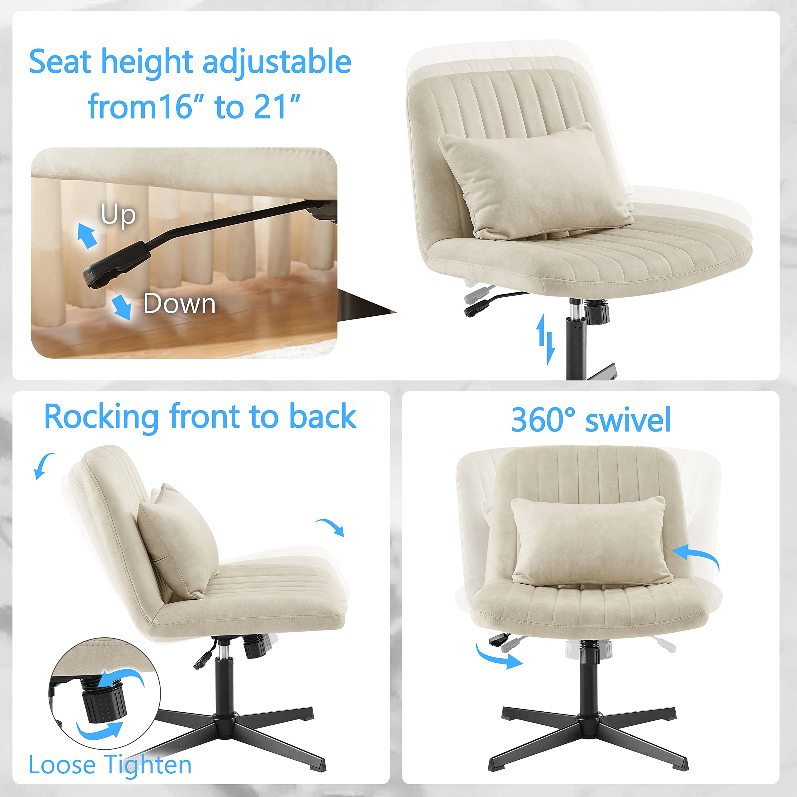Zouron 360° Swivel Accent Chair with Ottoman - Adjustable Height Velvet Modern Tufted Wingback Club Chair, Upholstered Leisure Chair with Black Metal Legs for Office, Bedroom & Living Room - Perfect for Reading, Relaxing & Home Decor (Off-White)