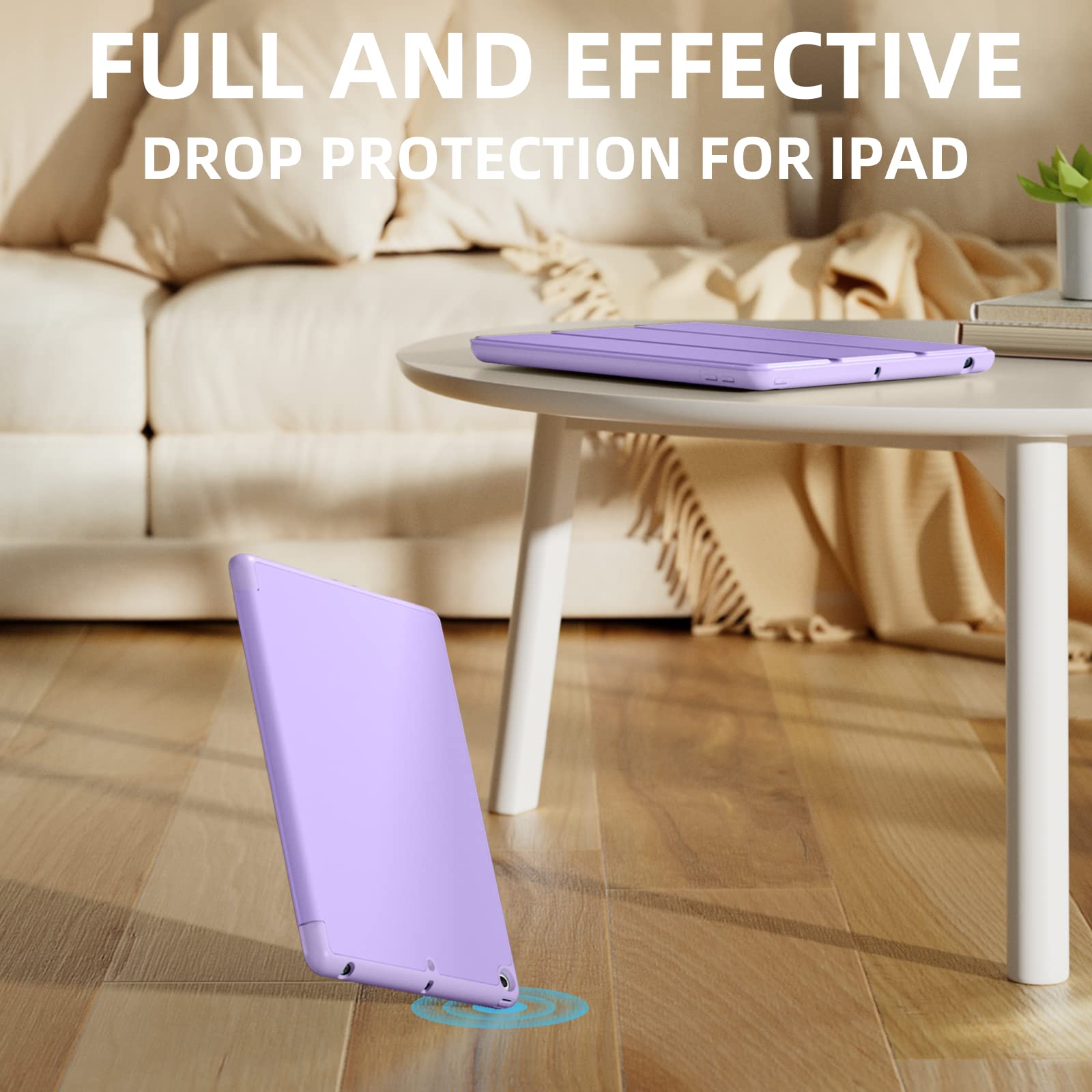 Akkerds iPad 10.2 Inch Case (2021/2020/2019) - Compatible with iPad 9th/8th/7th Generation - Protective TPU Back Cover with Pencil Holder & Auto Sleep/Wake - Lavender - Perfect for School, Work & Travel