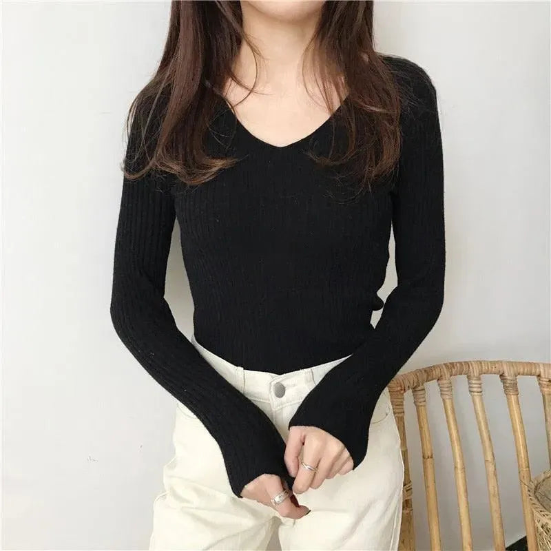 Stylish V Neck Slim Knitted Sweater for Women - Soft Comfortable Pullover for Fall & Winter - Perfect for Office, Dating and Casual Outfits