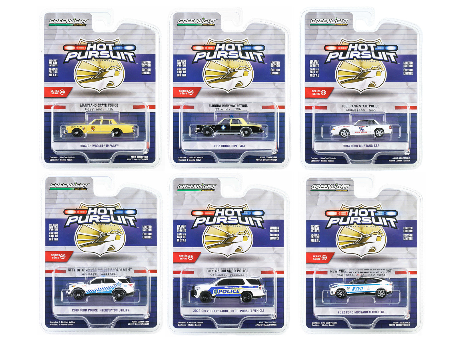 Greenlight 1/64 Scale Diecast Police Car Set - 6-Piece Hot Pursuit Collection (Series 45) - Perfect for Collectors, Kids Play & Display Scenes