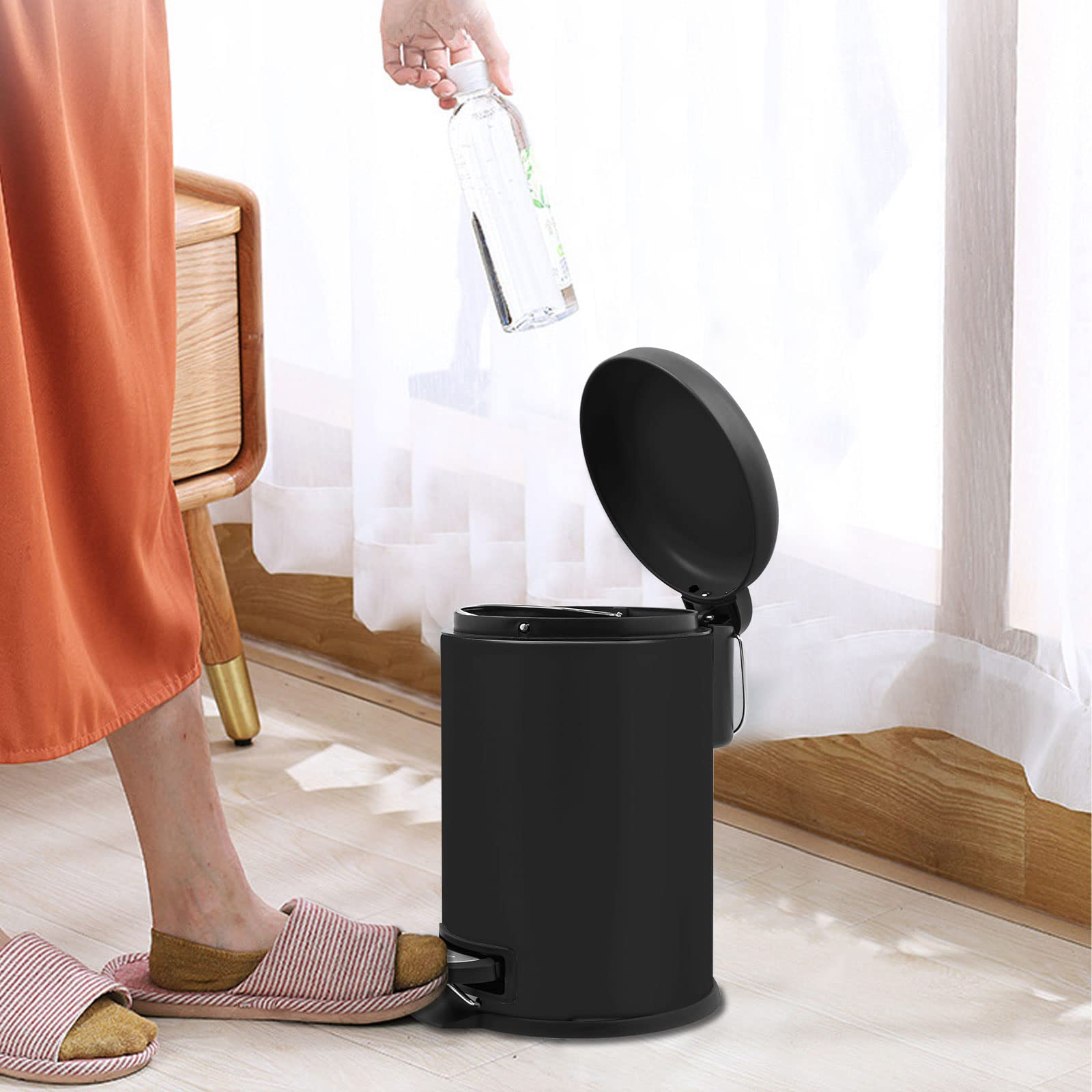 Small Foot Pedal Trash Can 0.8 Gallon - Soft Close Lid Stainless Steel Bathroom Waste Bin with Removable Inner Basket - Perfect for Vanity, Bedroom, Office & Kitchen Use